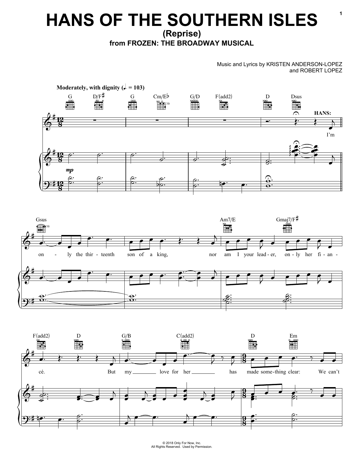 Kristen Anderson-Lopez & Robert Lopez Hans Of The Southern Isles (Reprise) (from Frozen: The Broadway Musical) Sheet Music Notes & Chords for Piano, Vocal & Guitar (Right-Hand Melody) - Download or Print PDF