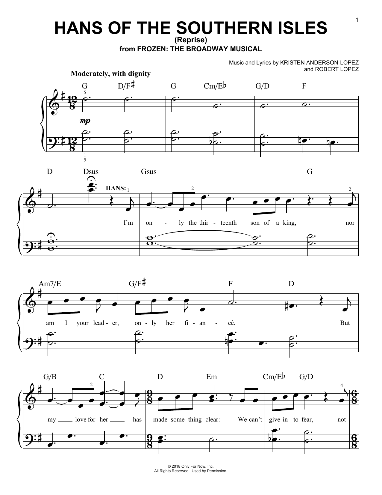 Kristen Anderson-Lopez & Robert Lopez Hans Of The Southern Isles (Reprise) (from Frozen: The Broadway Musical) Sheet Music Notes & Chords for Easy Piano - Download or Print PDF