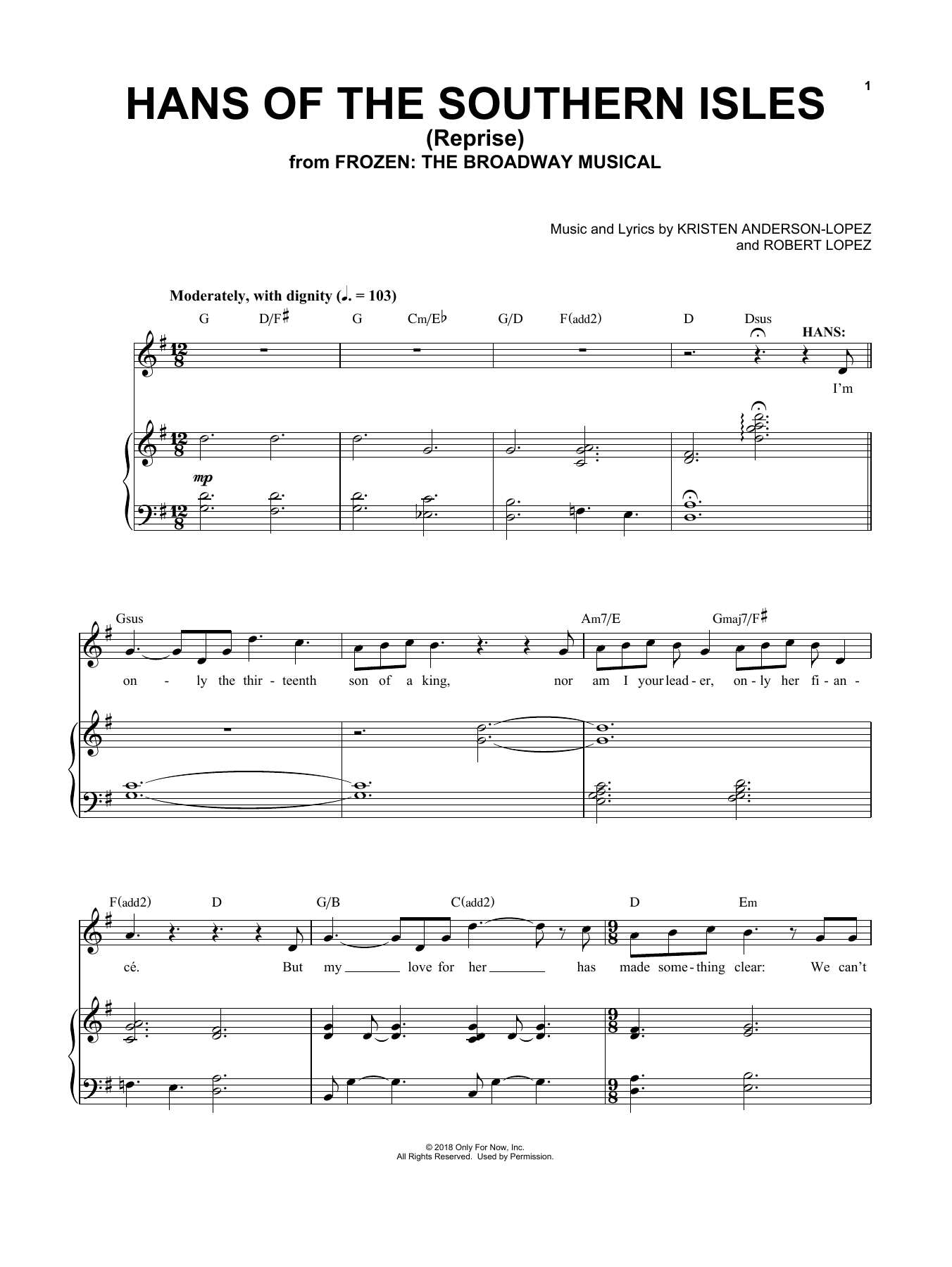 Kristen Anderson-Lopez & Robert Lopez Hans Of The Southern Isles (Reprise) (from Frozen: The Broadway Musical) Sheet Music Notes & Chords for Easy Piano - Download or Print PDF