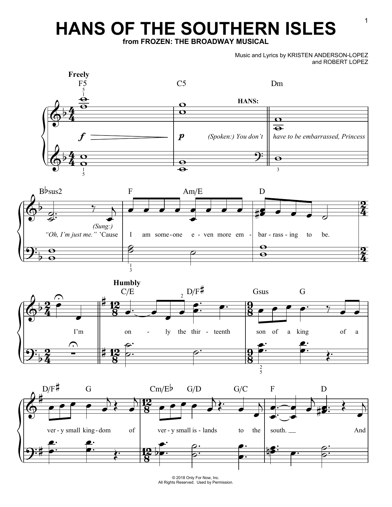 Kristen Anderson-Lopez & Robert Lopez Hans Of The Southern Isles (from Frozen: The Broadway Musical) Sheet Music Notes & Chords for Easy Piano - Download or Print PDF