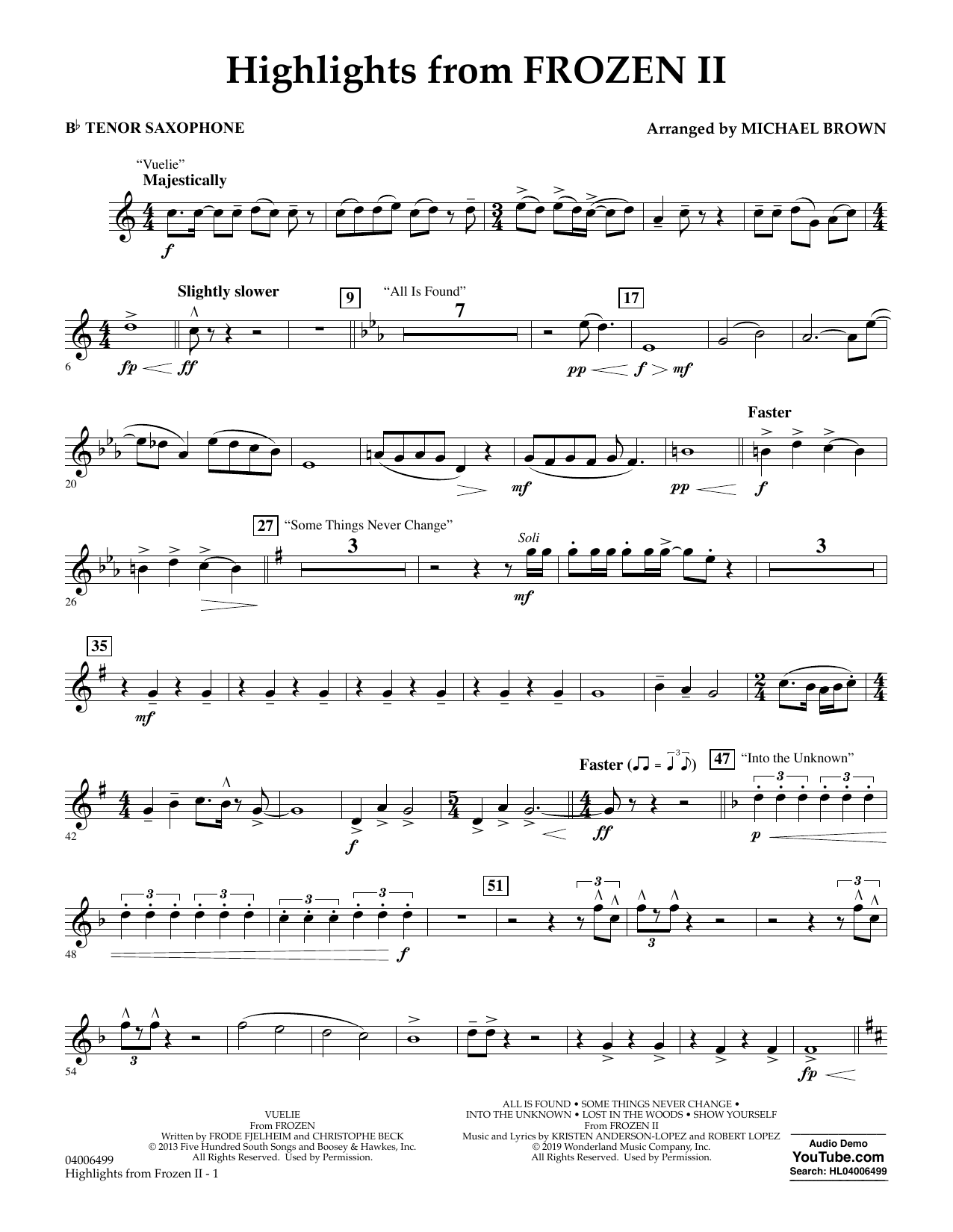 Kristen Anderson-Lopez & Robert Lopez Highlights from Disney's Frozen 2 (arr. Michael Brown) - Bb Tenor Saxophone Sheet Music Notes & Chords for Concert Band - Download or Print PDF