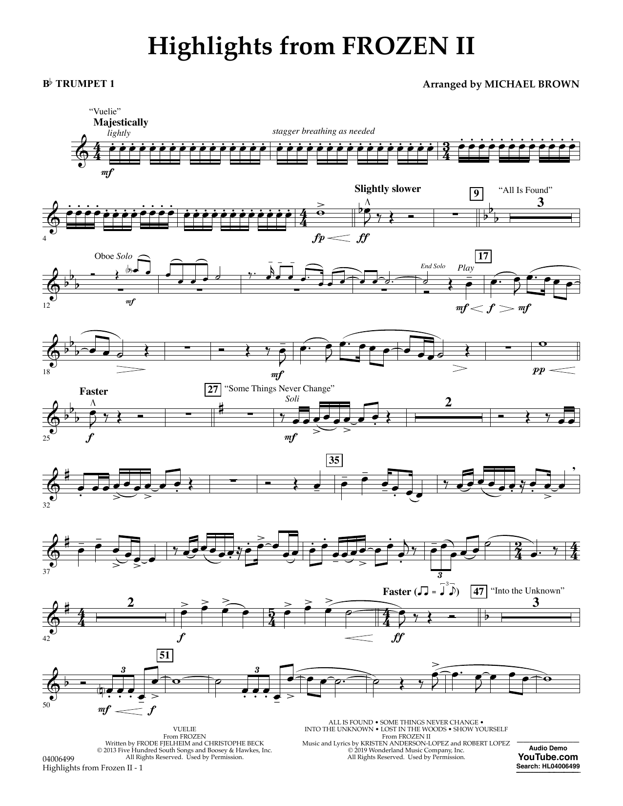 Kristen Anderson-Lopez & Robert Lopez Highlights from Disney's Frozen 2 (arr. Michael Brown) - Bb Trumpet 1 Sheet Music Notes & Chords for Concert Band - Download or Print PDF
