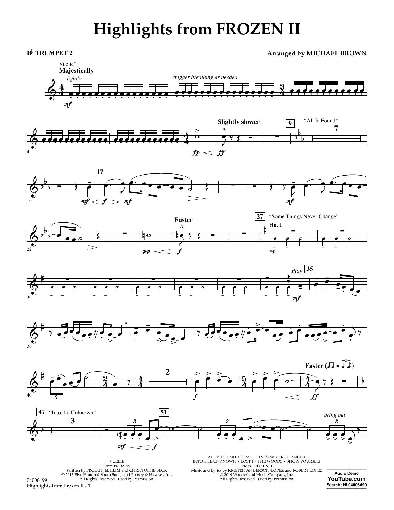 Kristen Anderson-Lopez & Robert Lopez Highlights from Disney's Frozen 2 (arr. Michael Brown) - Bb Trumpet 2 Sheet Music Notes & Chords for Concert Band - Download or Print PDF