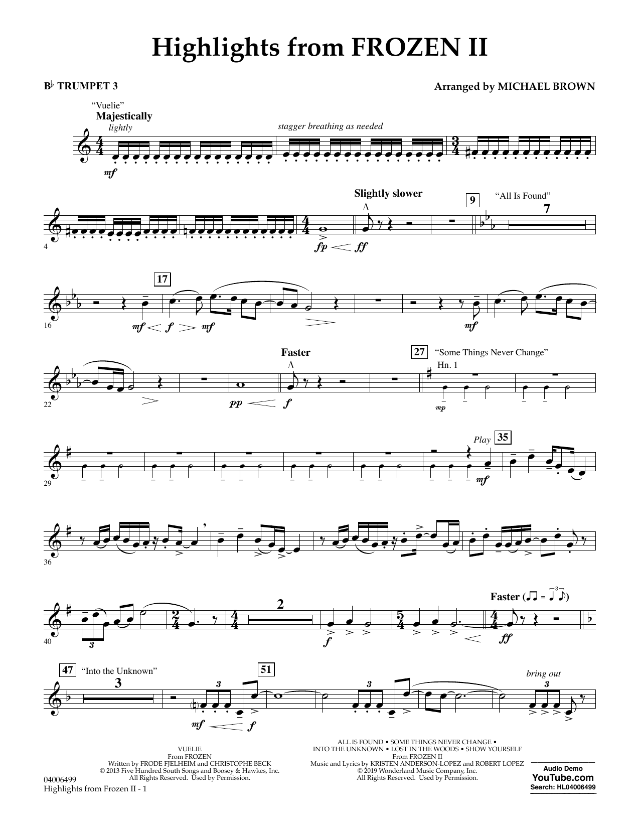 Kristen Anderson-Lopez & Robert Lopez Highlights from Disney's Frozen 2 (arr. Michael Brown) - Bb Trumpet 3 Sheet Music Notes & Chords for Concert Band - Download or Print PDF