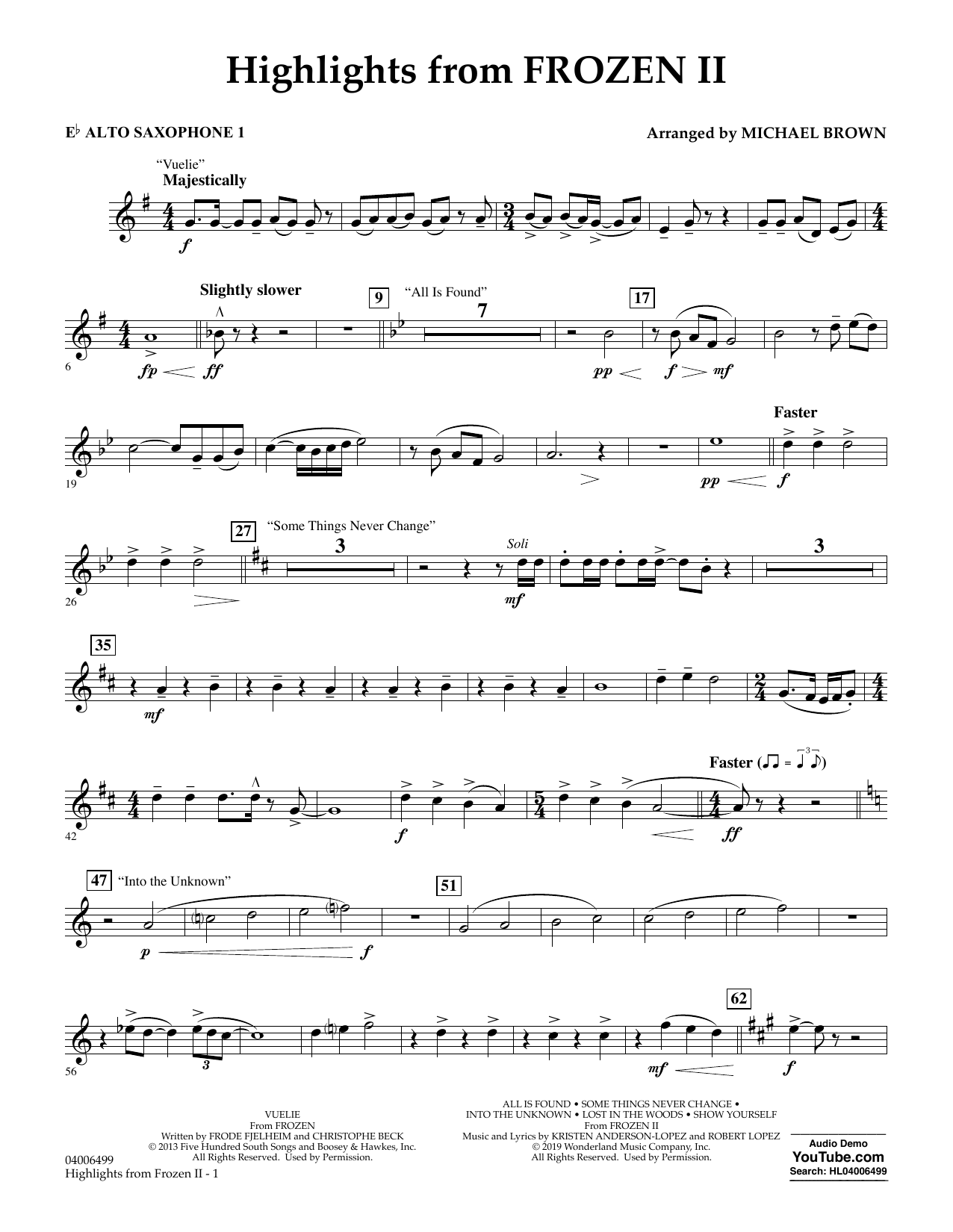 Kristen Anderson-Lopez & Robert Lopez Highlights from Disney's Frozen 2 (arr. Michael Brown) - Eb Alto Saxophone 1 Sheet Music Notes & Chords for Concert Band - Download or Print PDF