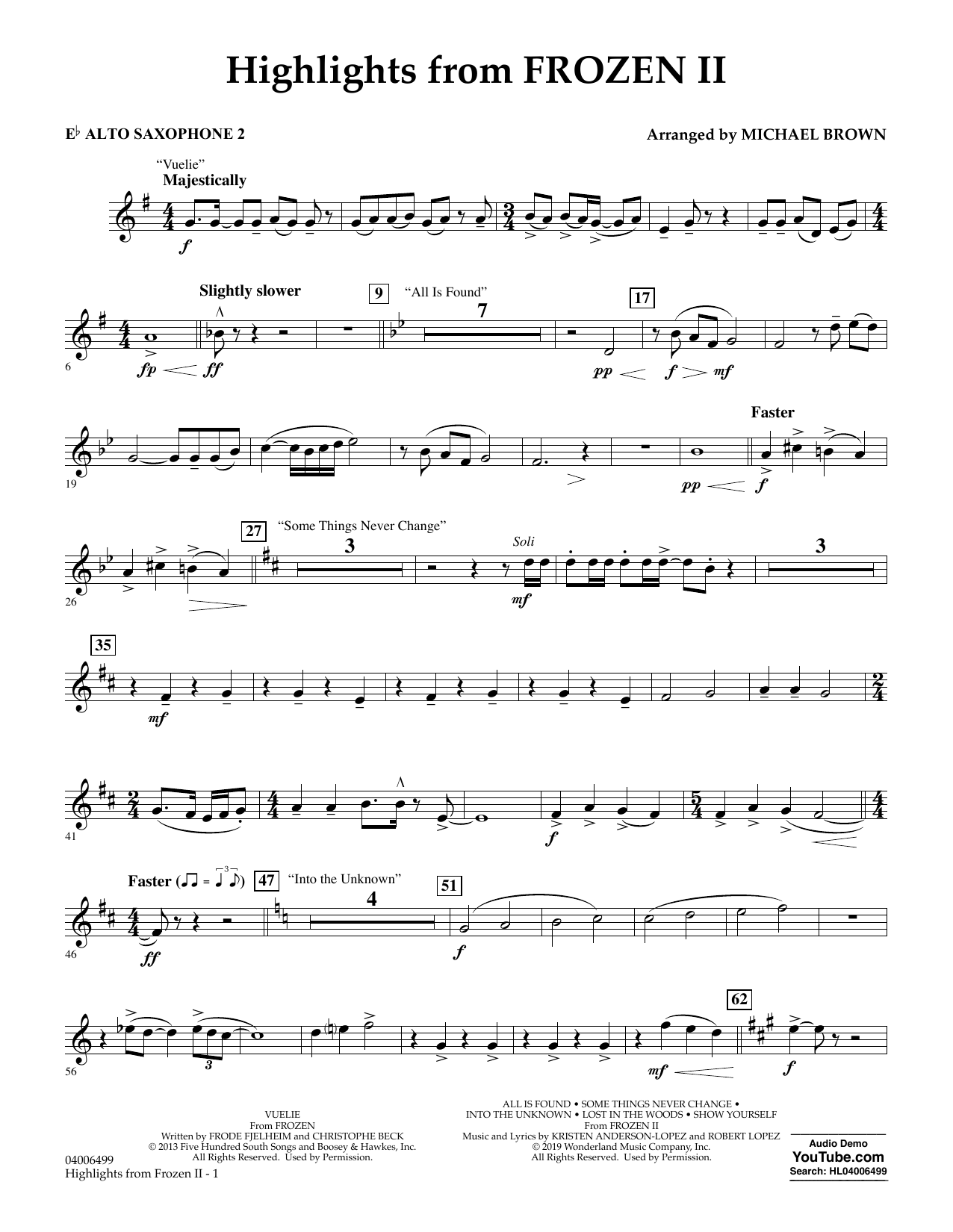Kristen Anderson-Lopez & Robert Lopez Highlights from Disney's Frozen 2 (arr. Michael Brown) - Eb Alto Saxophone 2 Sheet Music Notes & Chords for Concert Band - Download or Print PDF
