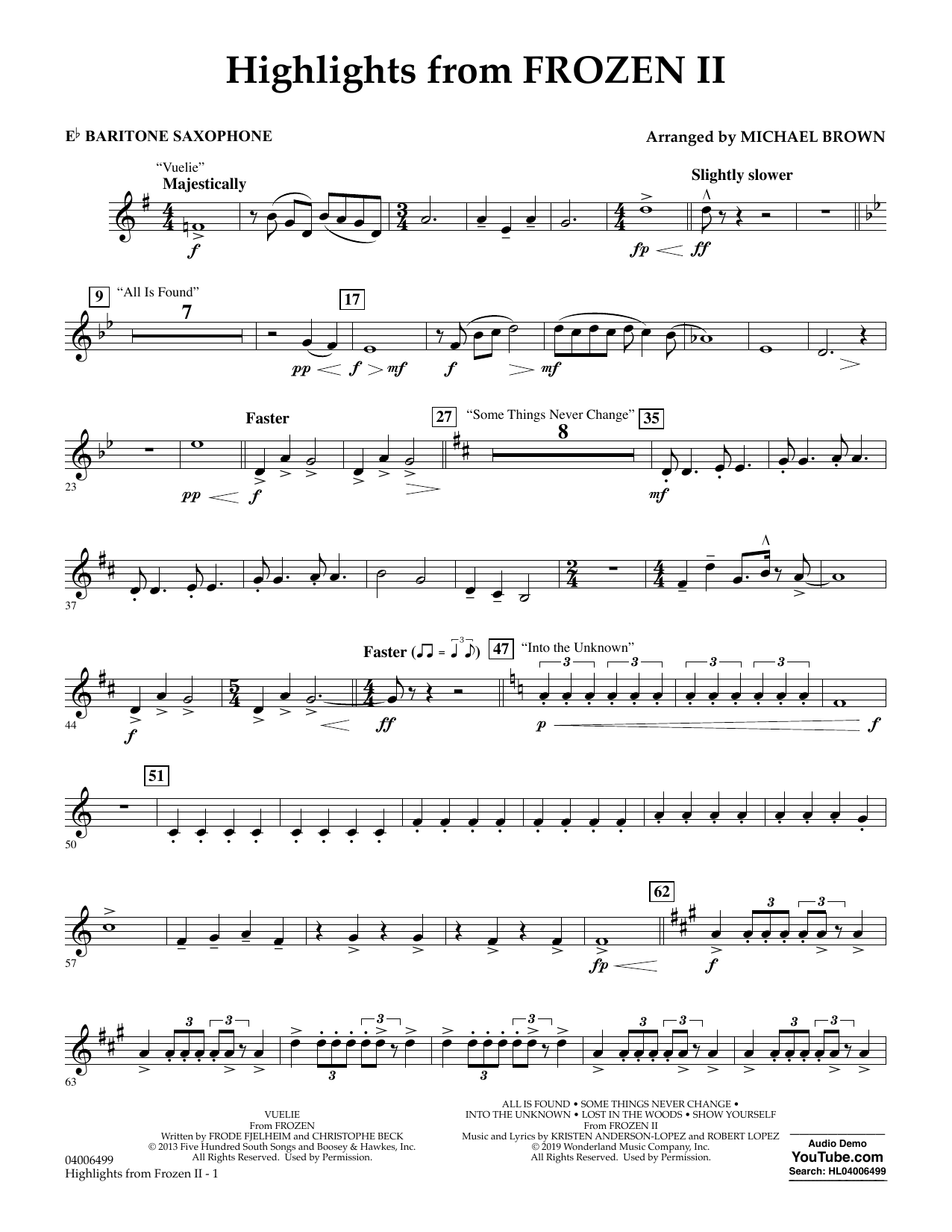 Kristen Anderson-Lopez & Robert Lopez Highlights from Disney's Frozen 2 (arr. Michael Brown) - Eb Baritone Saxophone Sheet Music Notes & Chords for Concert Band - Download or Print PDF