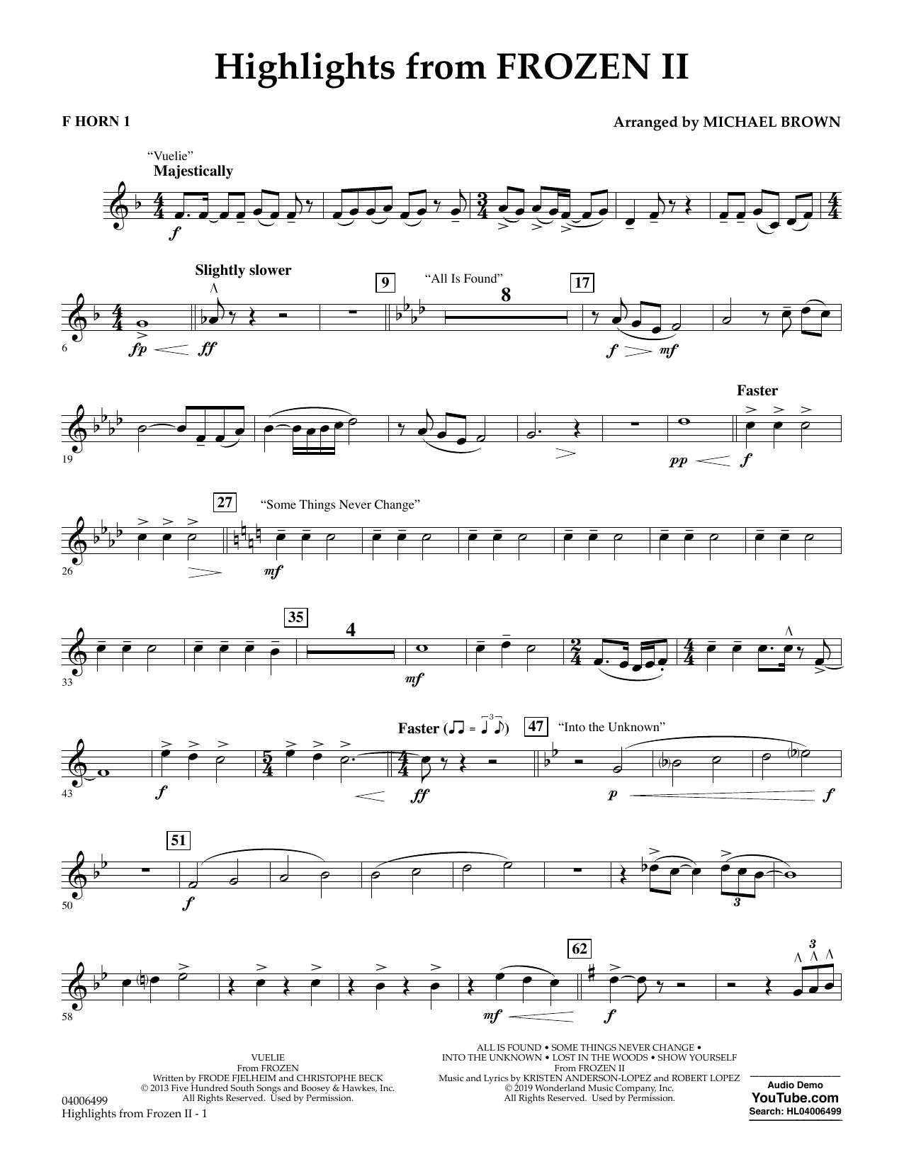 Kristen Anderson-Lopez & Robert Lopez Highlights from Disney's Frozen 2 (arr. Michael Brown) - F Horn 1 Sheet Music Notes & Chords for Concert Band - Download or Print PDF