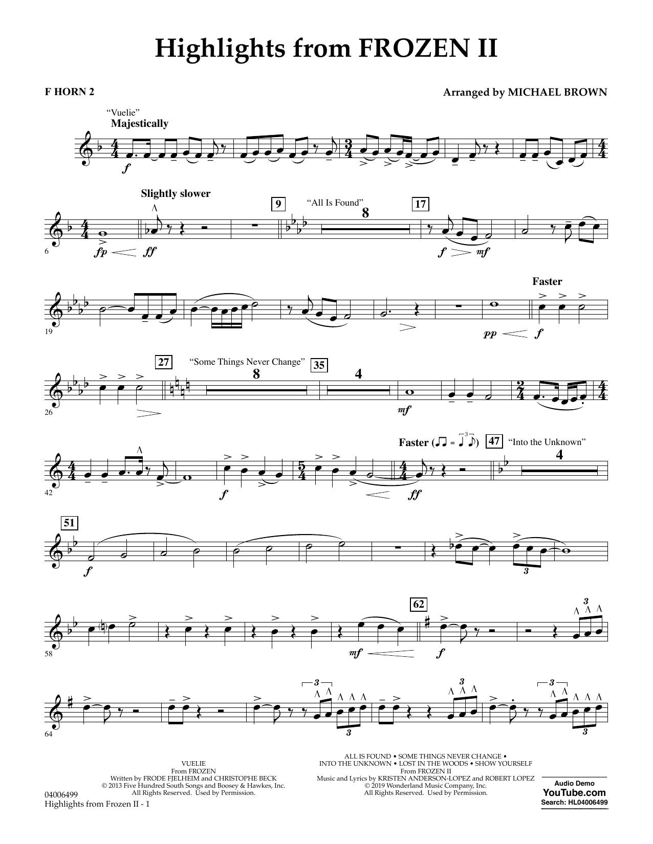 Kristen Anderson-Lopez & Robert Lopez Highlights from Disney's Frozen 2 (arr. Michael Brown) - F Horn 2 Sheet Music Notes & Chords for Concert Band - Download or Print PDF