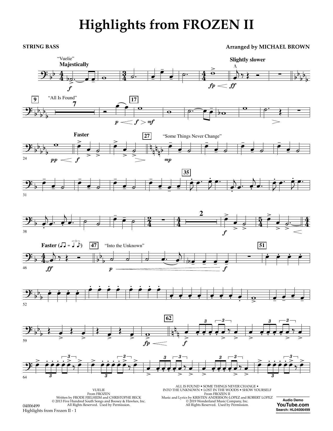 Kristen Anderson-Lopez & Robert Lopez Highlights from Disney's Frozen 2 (arr. Michael Brown) - String Bass Sheet Music Notes & Chords for Concert Band - Download or Print PDF