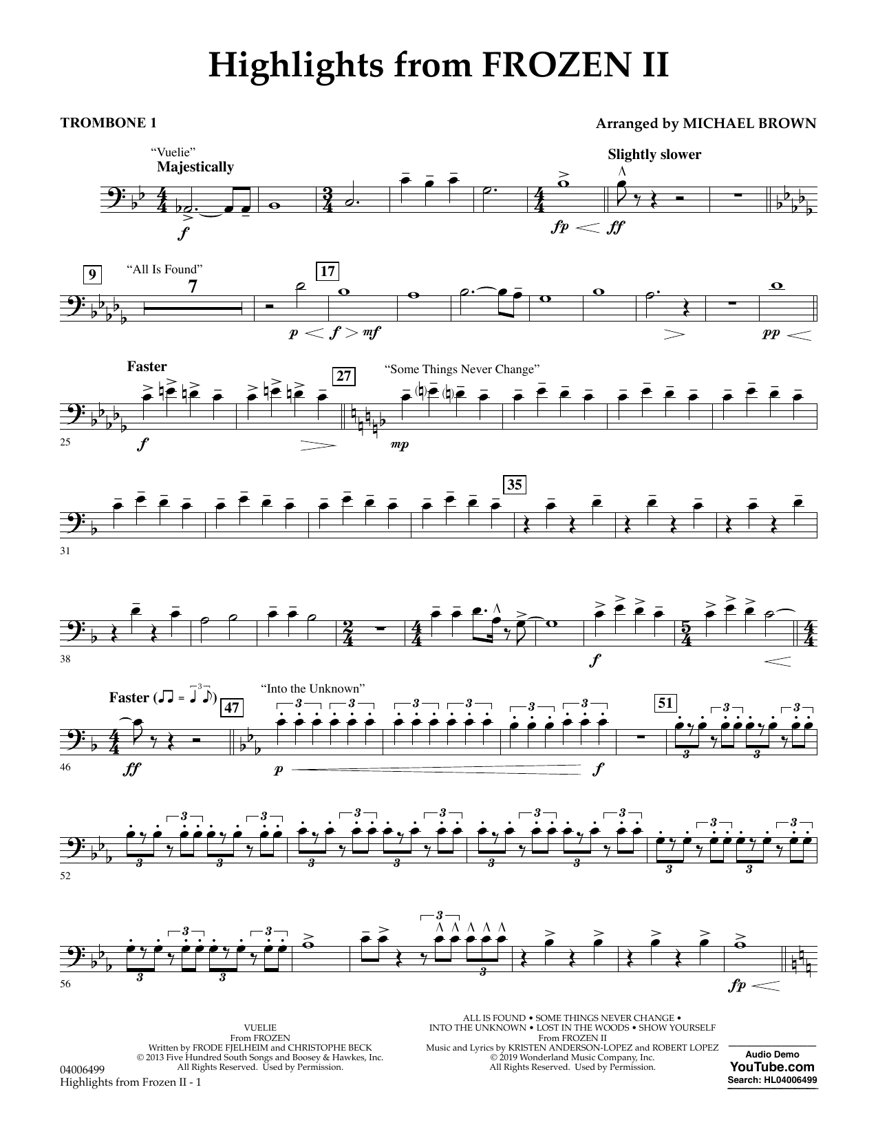 Kristen Anderson-Lopez & Robert Lopez Highlights from Disney's Frozen 2 (arr. Michael Brown) - Trombone 1 Sheet Music Notes & Chords for Concert Band - Download or Print PDF