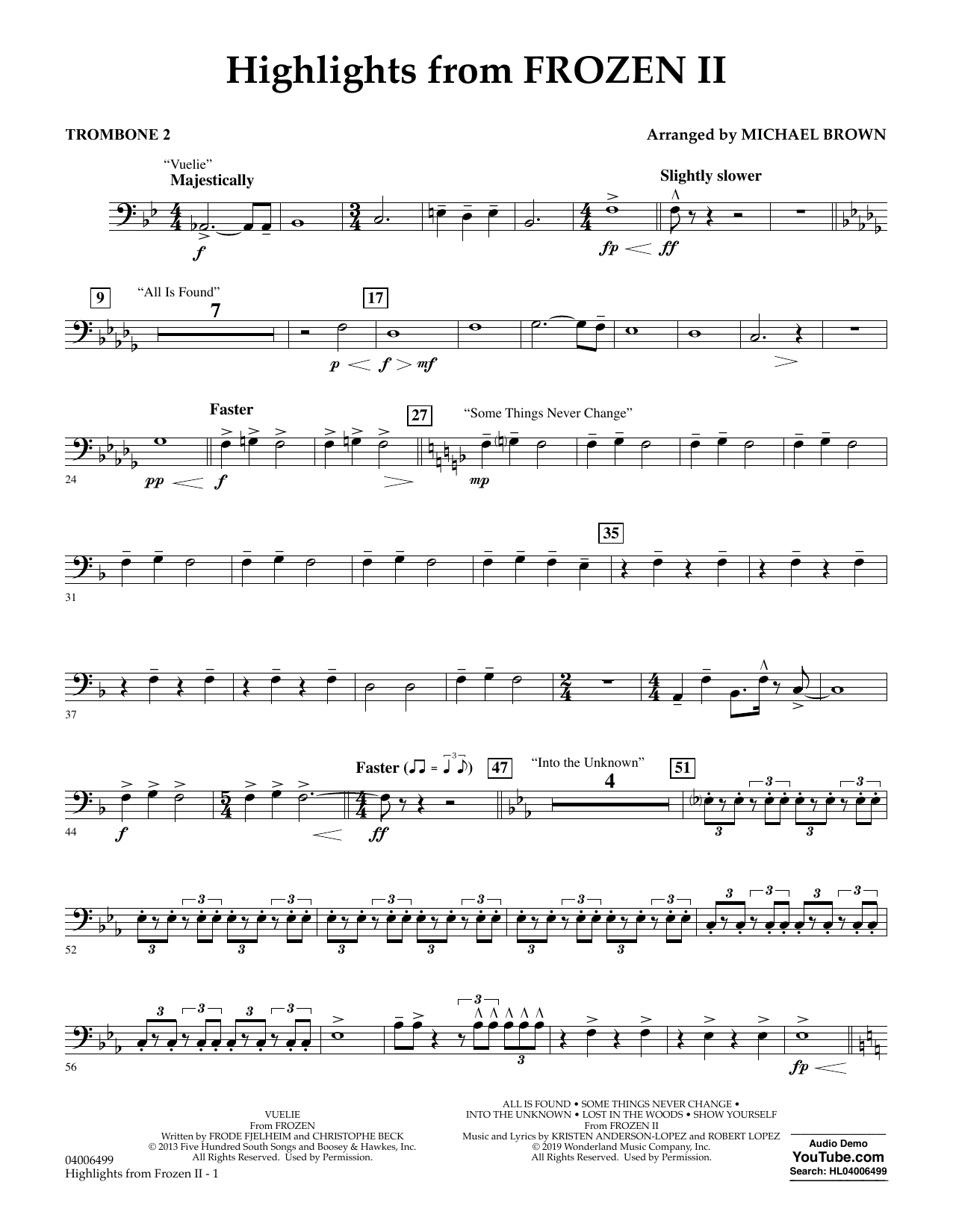 Kristen Anderson-Lopez & Robert Lopez Highlights from Disney's Frozen 2 (arr. Michael Brown) - Trombone 2 Sheet Music Notes & Chords for Concert Band - Download or Print PDF