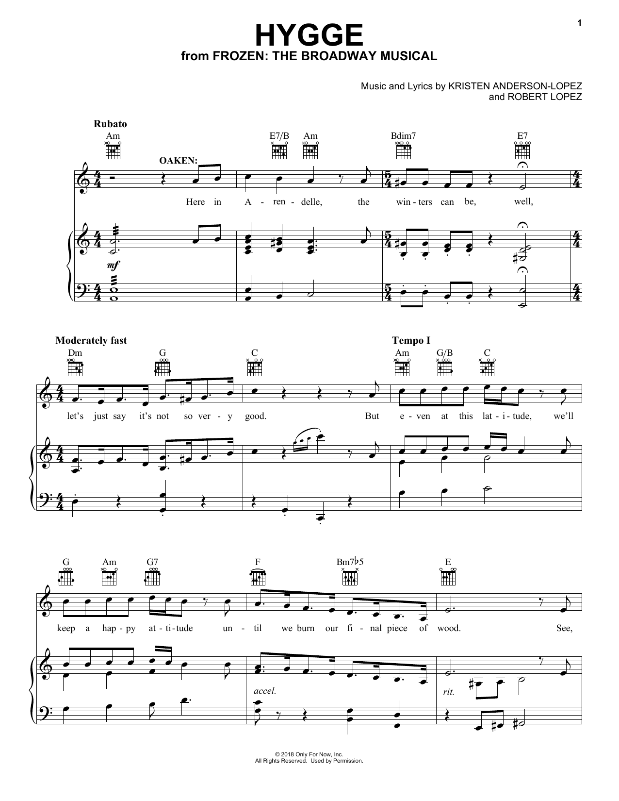 Kristen Anderson-Lopez & Robert Lopez Hygge (from Frozen: The Broadway Musical) Sheet Music Notes & Chords for Piano, Vocal & Guitar (Right-Hand Melody) - Download or Print PDF