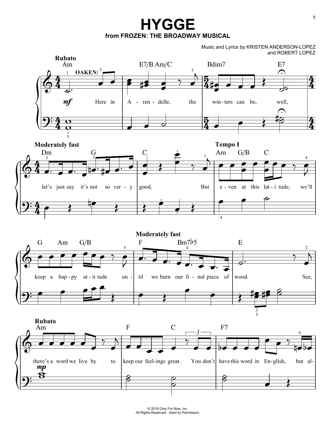 Kristen Anderson-Lopez & Robert Lopez Hygge (from Frozen: The Broadway Musical) Sheet Music Notes & Chords for Easy Piano - Download or Print PDF