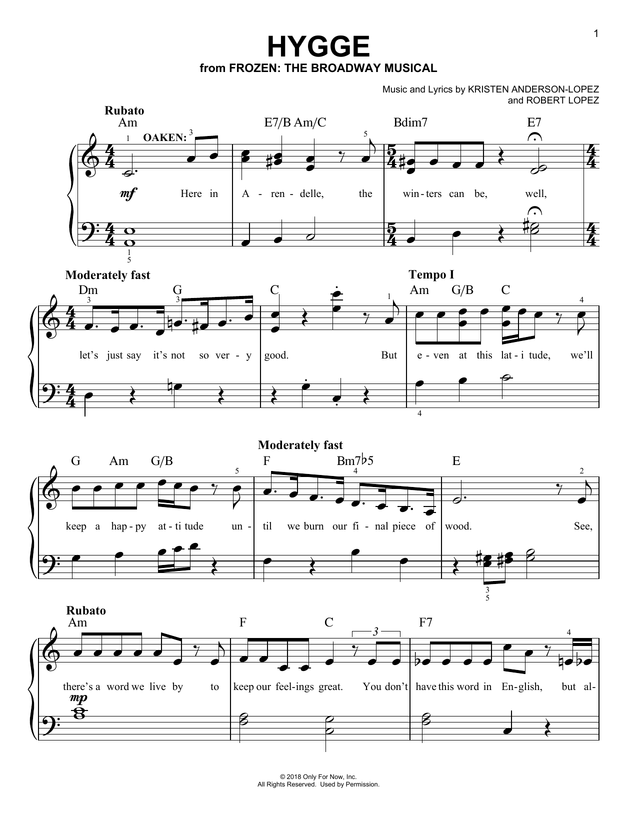 Kristen Anderson-Lopez & Robert Lopez Hygge Sheet Music Notes & Chords for Piano & Vocal - Download or Print PDF