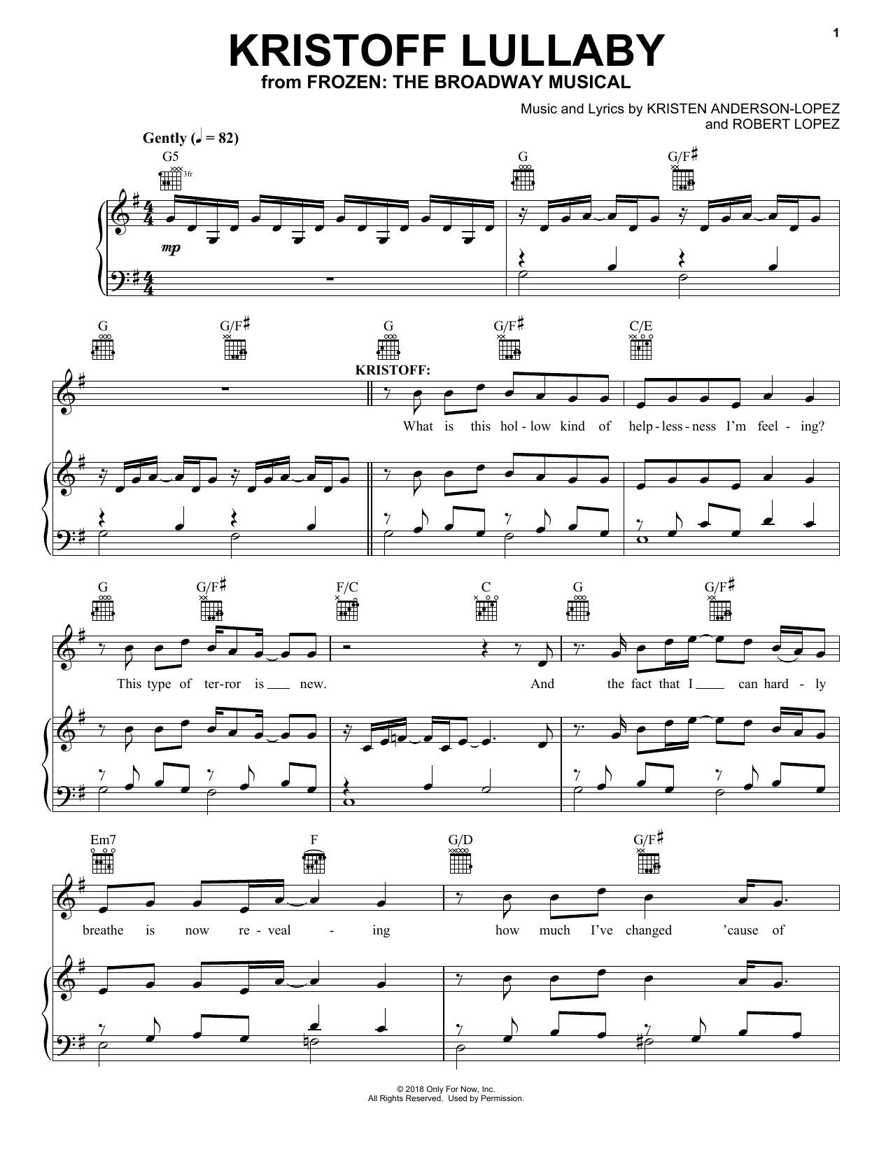 Kristen Anderson-Lopez & Robert Lopez Kristoff Lullaby (from Frozen: The Broadway Musical) Sheet Music Notes & Chords for Piano, Vocal & Guitar (Right-Hand Melody) - Download or Print PDF