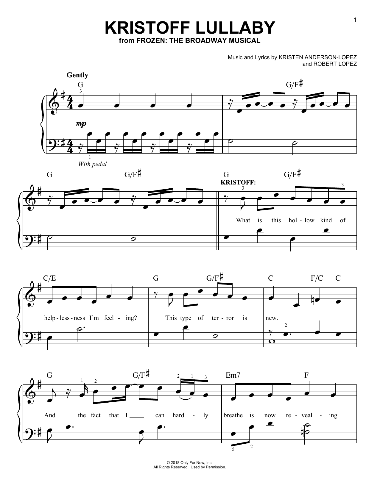 Kristen Anderson-Lopez & Robert Lopez Kristoff Lullaby (from Frozen: The Broadway Musical) Sheet Music Notes & Chords for Easy Piano - Download or Print PDF