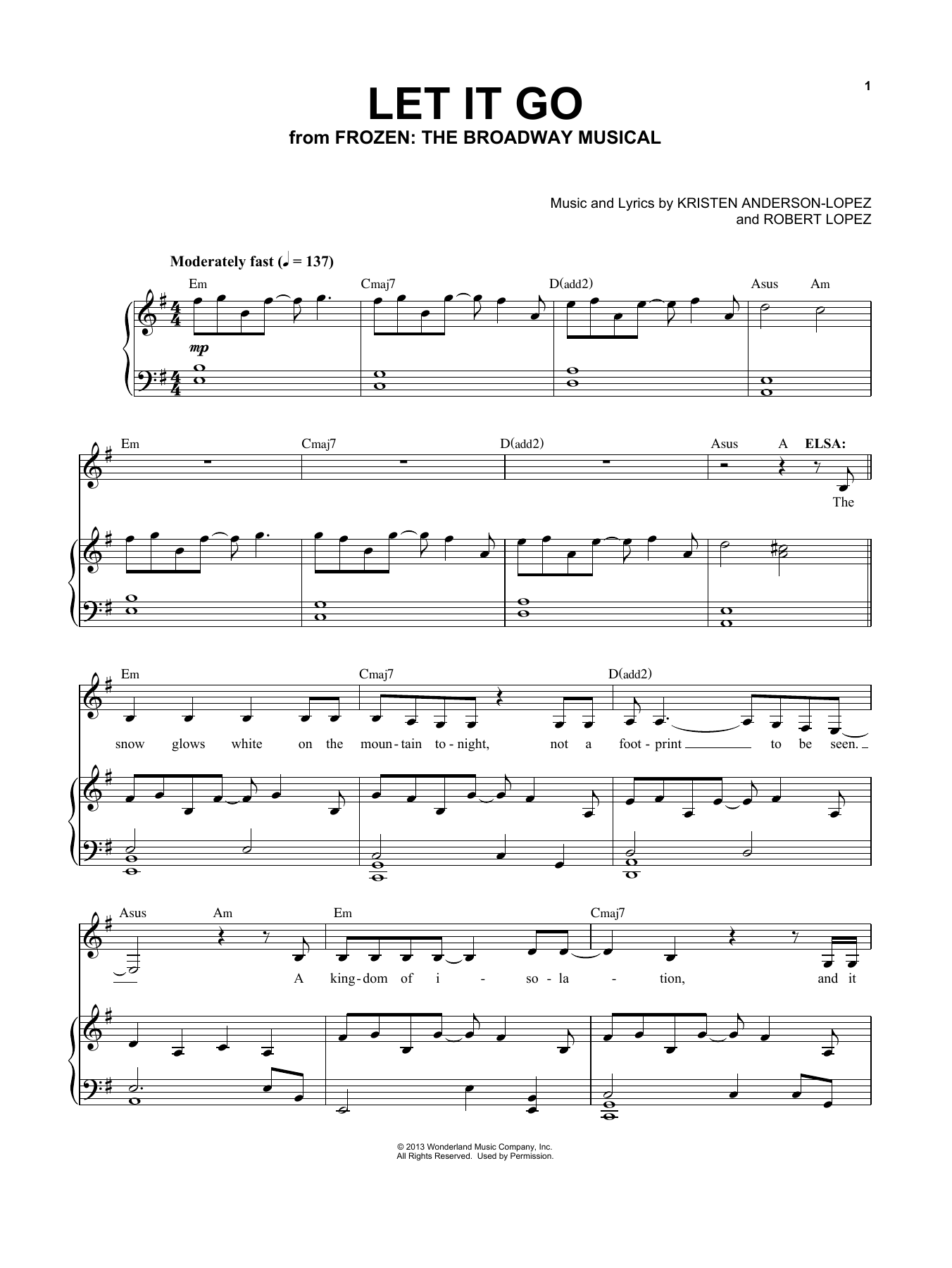 Kristen Anderson-Lopez & Robert Lopez Let It Go (from Frozen: The Broadway Musical) Sheet Music Notes & Chords for Piano & Vocal - Download or Print PDF