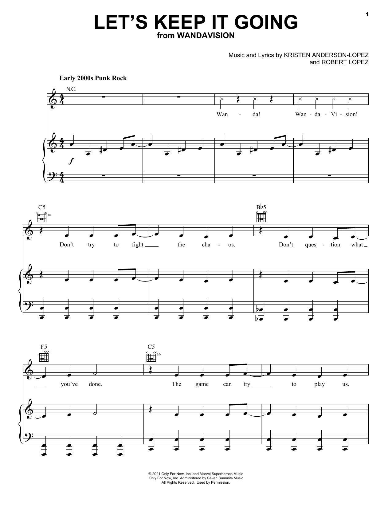 Kristen Anderson-Lopez & Robert Lopez Let's Keep It Going (from WandaVision) Sheet Music Notes & Chords for Piano, Vocal & Guitar (Right-Hand Melody) - Download or Print PDF
