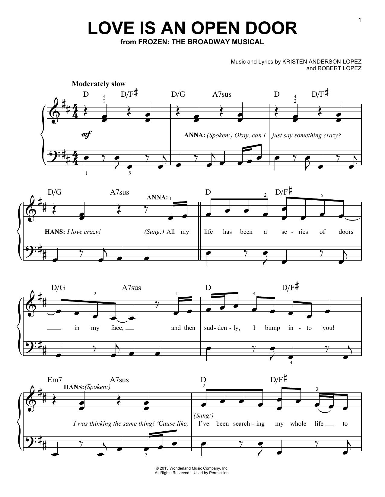 Kristen Anderson-Lopez & Robert Lopez Love Is An Open Door (from Frozen: The Broadway Musical) Sheet Music Notes & Chords for Easy Piano - Download or Print PDF