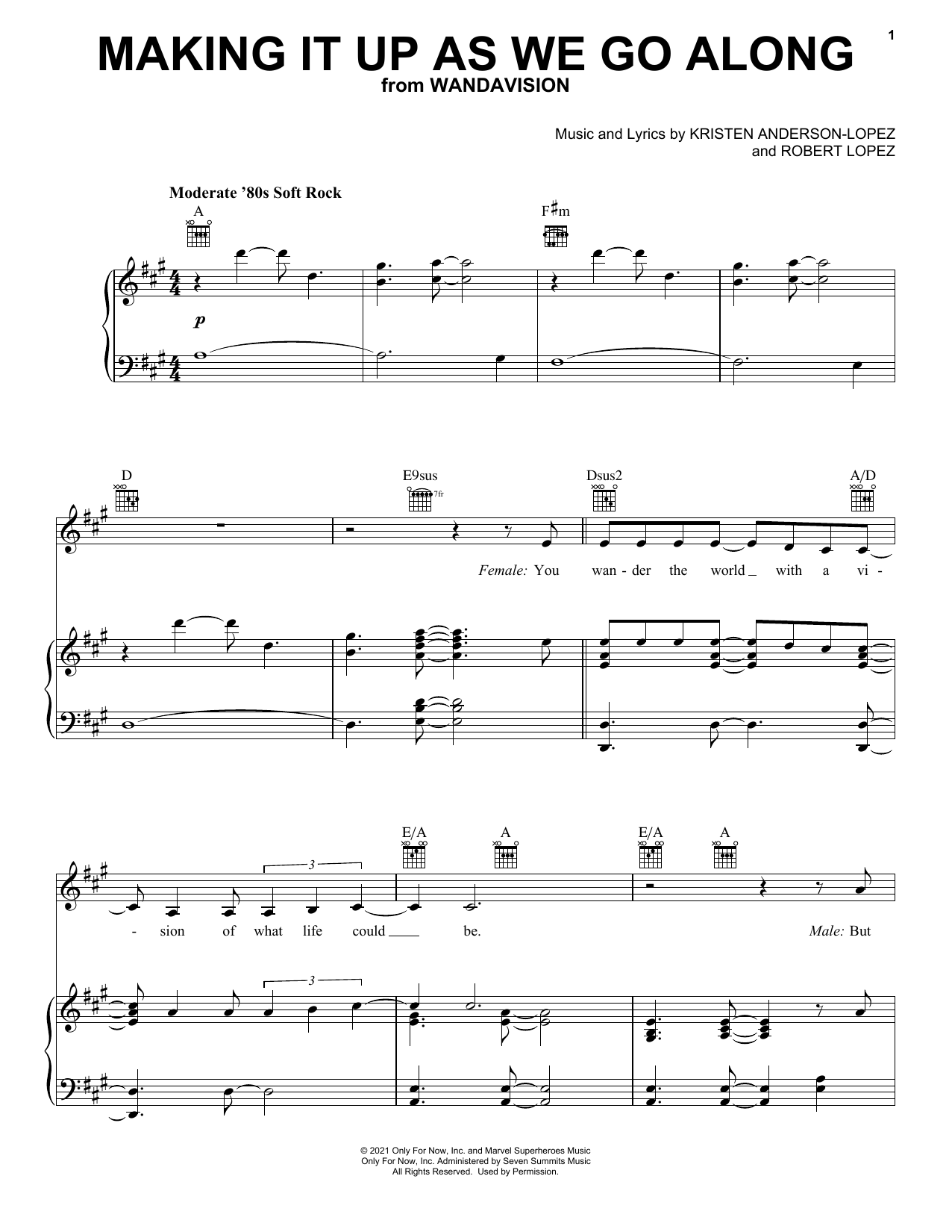Kristen Anderson-Lopez & Robert Lopez Making It Up As We Go Along (from WandaVision) Sheet Music Notes & Chords for Piano, Vocal & Guitar (Right-Hand Melody) - Download or Print PDF