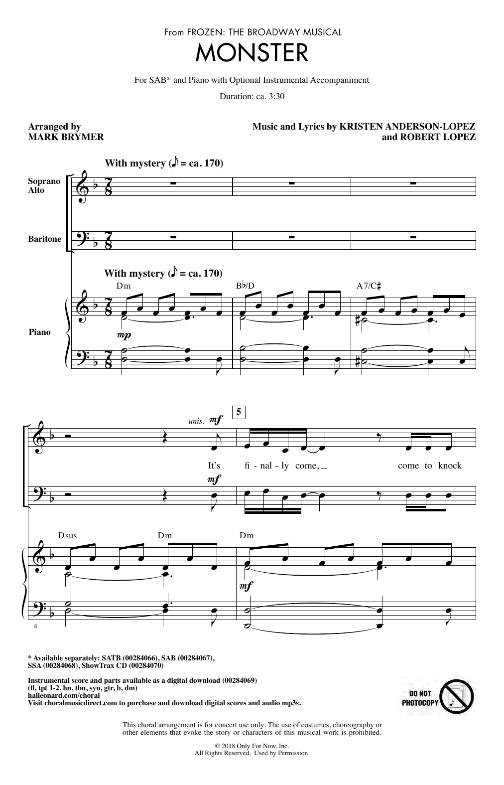 Kristen Anderson-Lopez & Robert Lopez Monster (from Frozen: The Broadway Musical) (arr. Mark Brymer) Sheet Music Notes & Chords for SSA Choir - Download or Print PDF