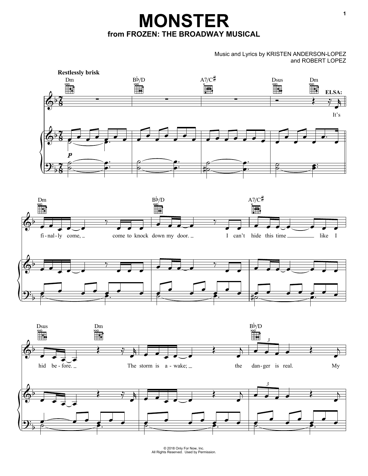 Kristen Anderson-Lopez & Robert Lopez Monster (from Frozen: The Broadway Musical) Sheet Music Notes & Chords for Piano, Vocal & Guitar (Right-Hand Melody) - Download or Print PDF