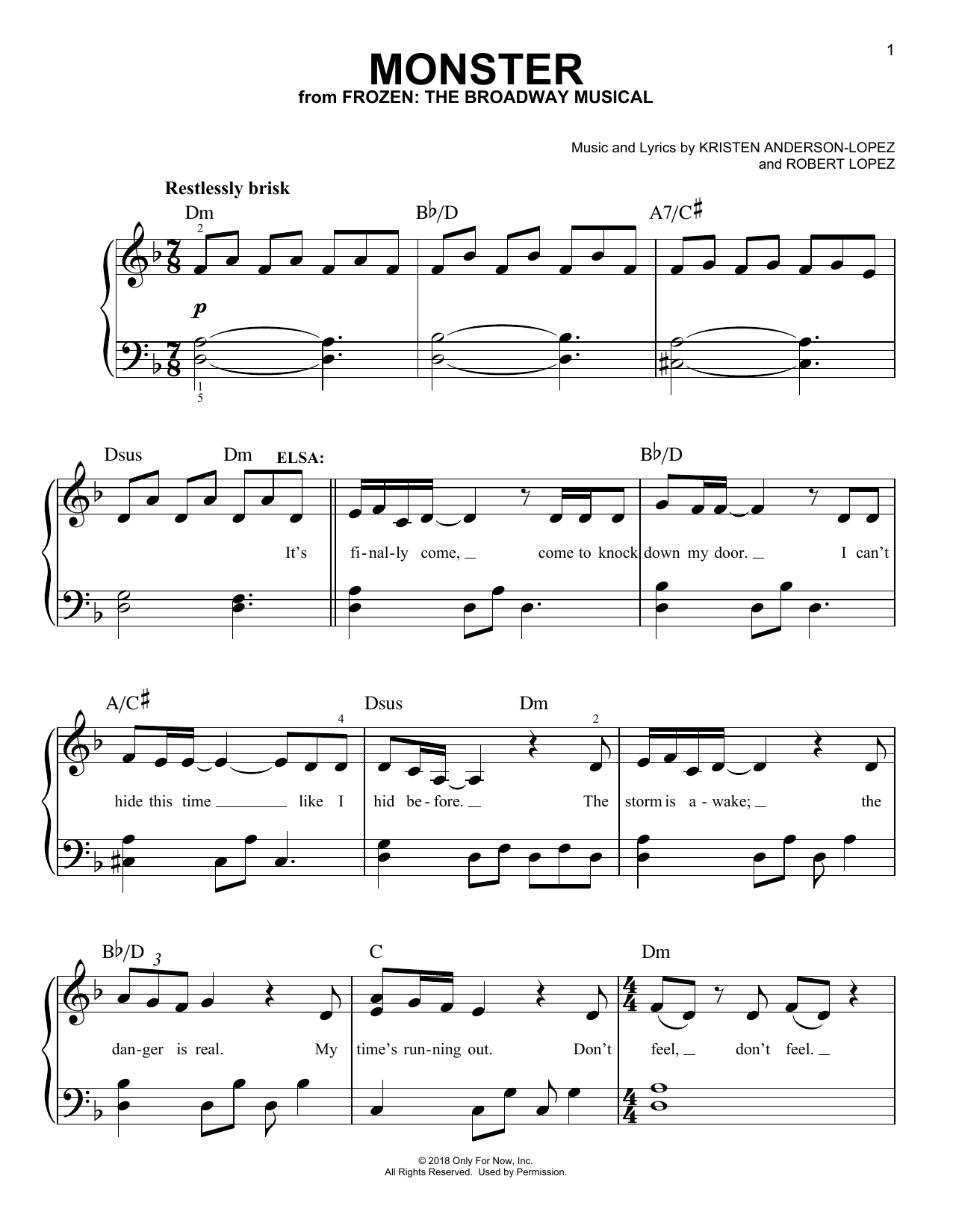Kristen Anderson-Lopez & Robert Lopez Monster (from Frozen: The Broadway Musical) Sheet Music Notes & Chords for Piano, Vocal & Guitar (Right-Hand Melody) - Download or Print PDF