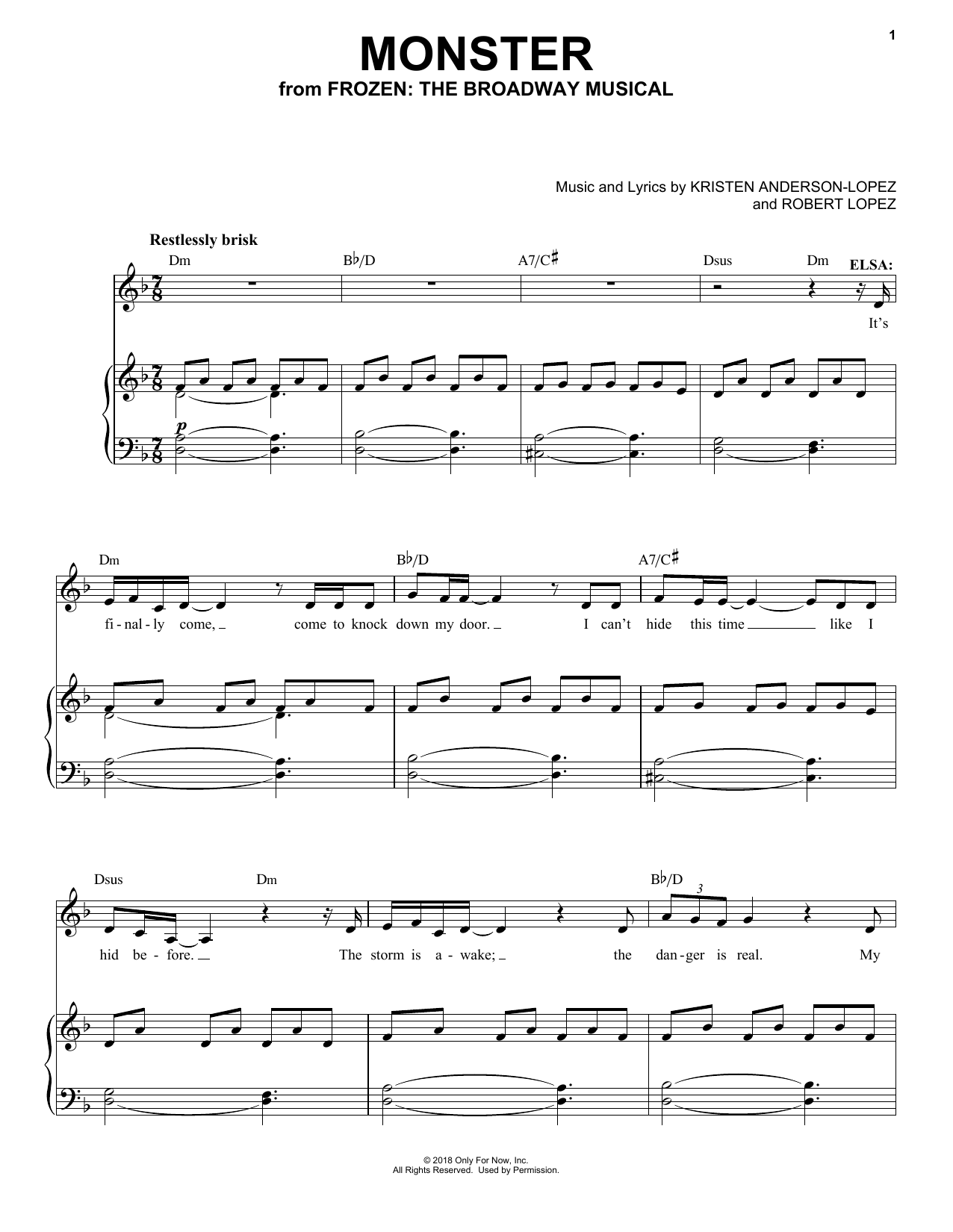 Kristen Anderson-Lopez & Robert Lopez Monster (from Frozen: The Broadway Musical) Sheet Music Notes & Chords for Easy Piano - Download or Print PDF