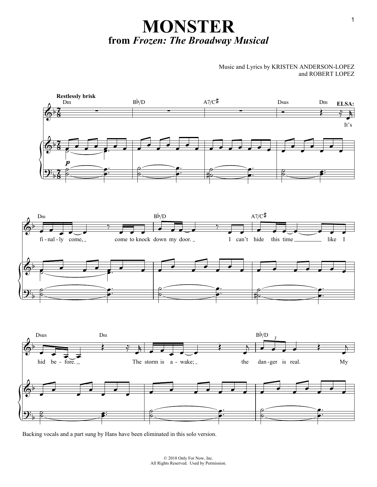 Kristen Anderson-Lopez & Robert Lopez Monster [Solo version] (from Frozen: The Broadway Musical) Sheet Music Notes & Chords for Piano & Vocal - Download or Print PDF