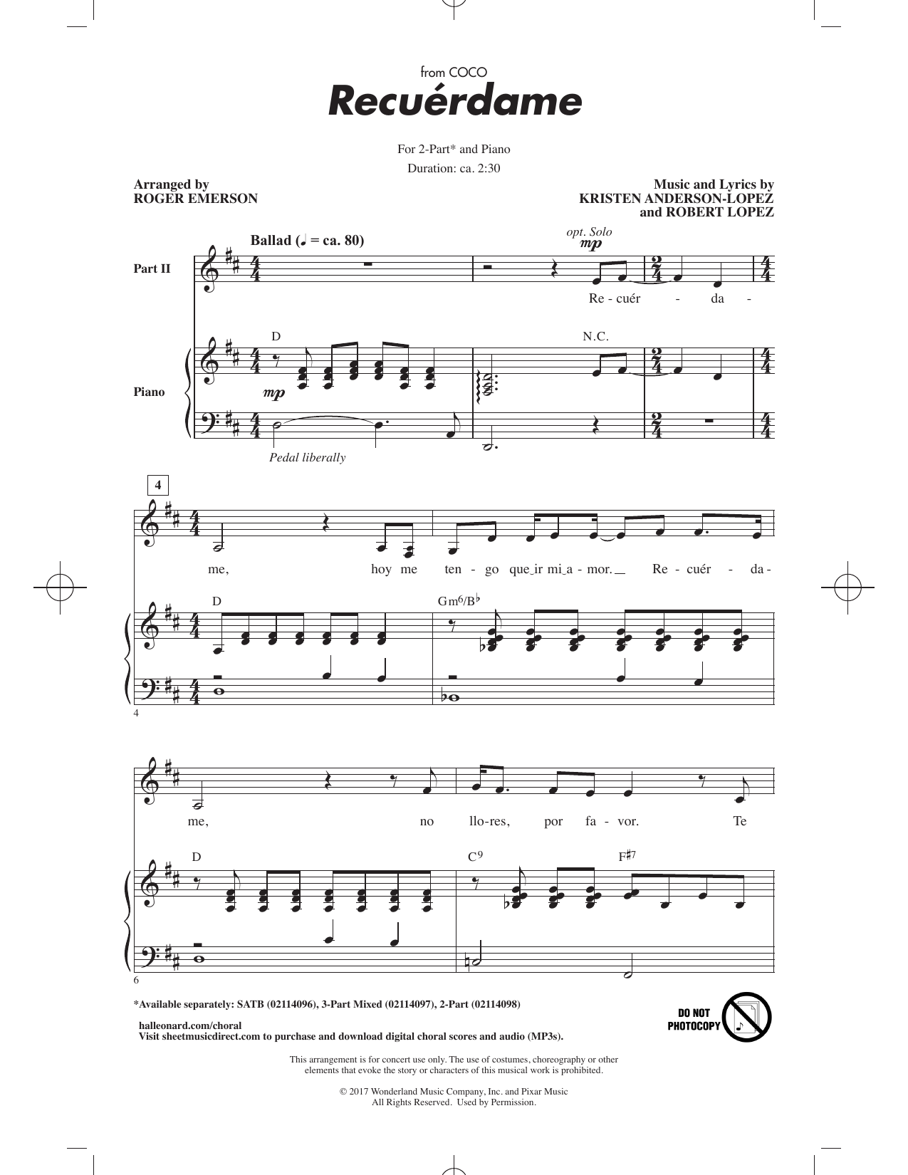 Kristen Anderson-Lopez & Robert Lopez Recuérdame (from Coco) (arr. Roger Emerson) Sheet Music Notes & Chords for 2-Part Choir - Download or Print PDF