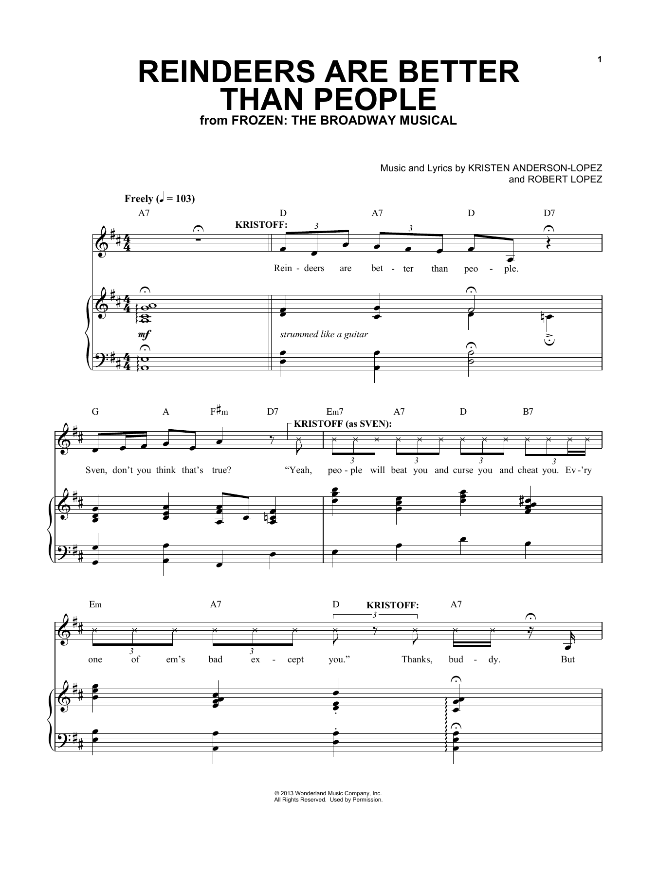 Kristen Anderson-Lopez & Robert Lopez Reindeer(s) Are Better Than People (from Frozen: The Broadway Musical) Sheet Music Notes & Chords for Piano & Vocal - Download or Print PDF