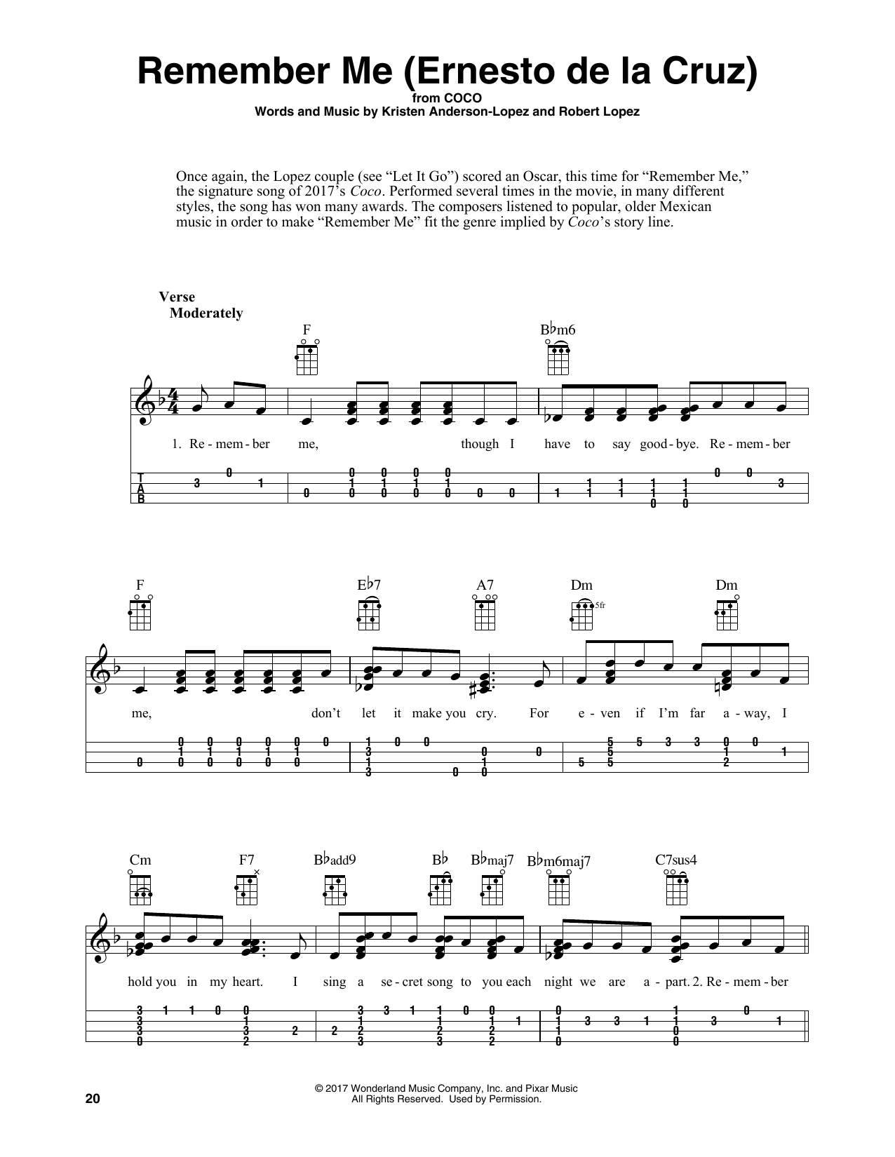 Kristen Anderson-Lopez & Robert Lopez Remember Me (Ernesto de la Cruz) (from Coco) (arr. Fred Sokolow) Sheet Music Notes & Chords for Easy Ukulele Tab - Download or Print PDF