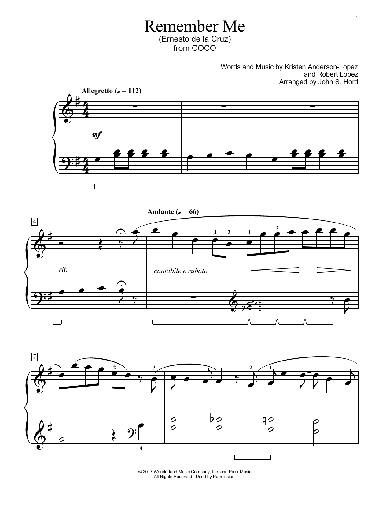 Kristen Anderson-Lopez & Robert Lopez Remember Me (Ernesto de la Cruz) (from Coco) (arr. John S. Hord) Sheet Music Notes & Chords for Educational Piano - Download or Print PDF