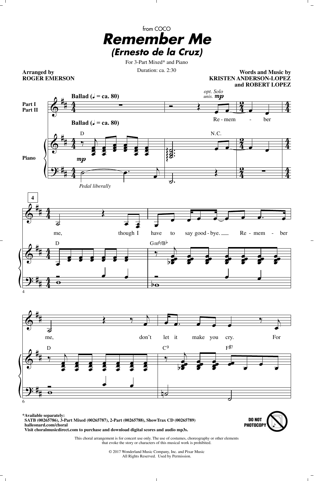 Kristen Anderson-Lopez & Robert Lopez Remember Me (Ernesto de la Cruz) (from Coco) (arr. Roger Emerson) Sheet Music Notes & Chords for 3-Part Mixed - Download or Print PDF