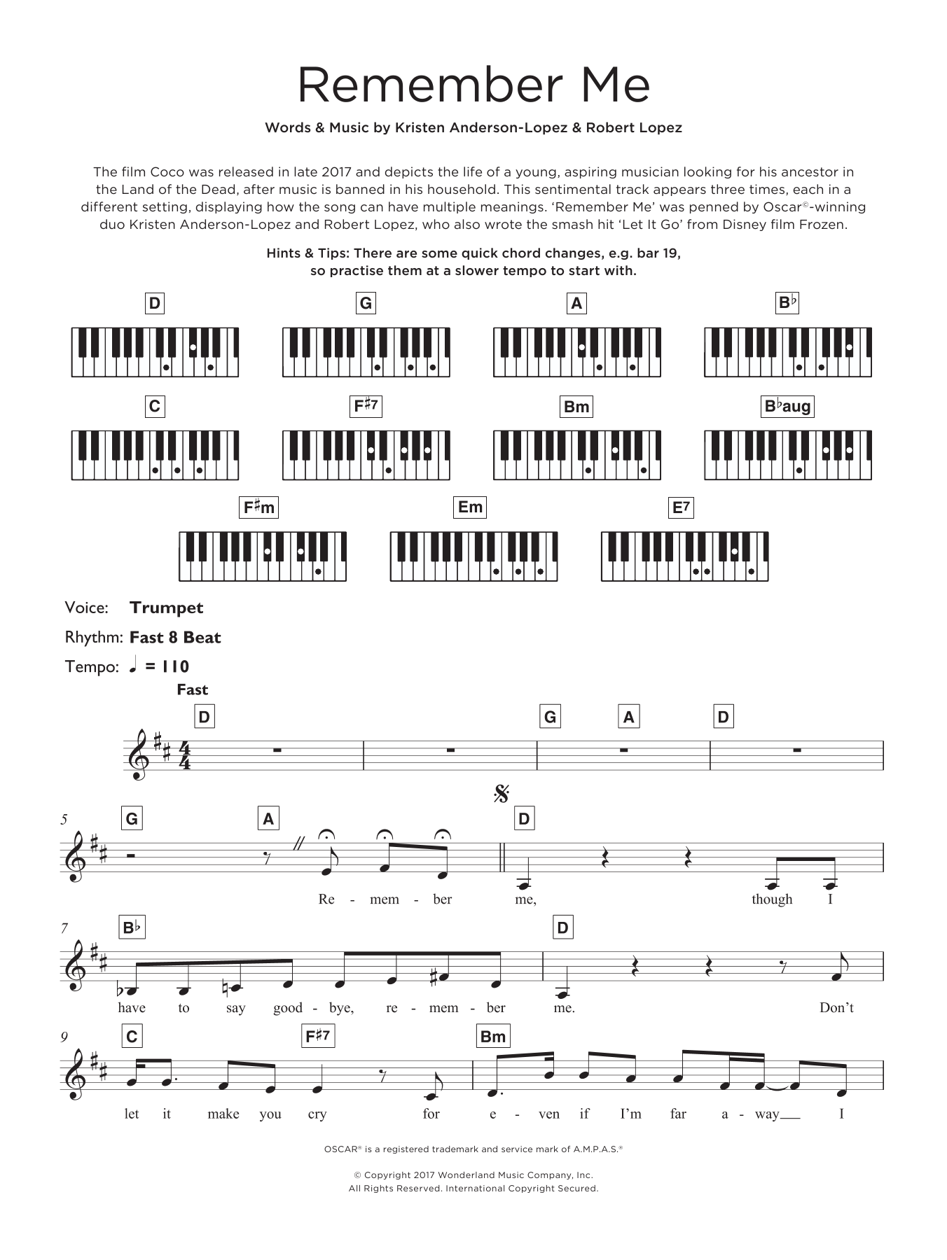 Kristen Anderson-Lopez & Robert Lopez Remember Me (Ernesto de la Cruz) (from Coco) Sheet Music Notes & Chords for Piano Solo - Download or Print PDF