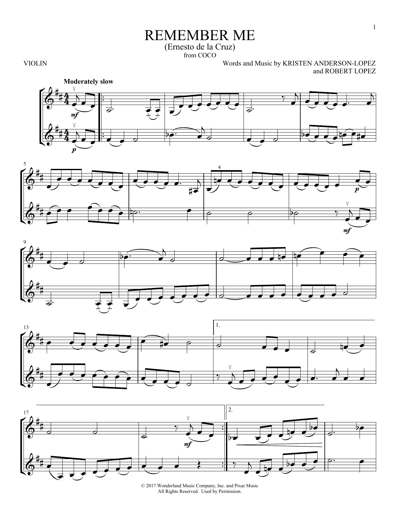 Kristen Anderson-Lopez & Robert Lopez Remember Me (Ernesto de la Cruz) (from Disney's Coco) Sheet Music Notes & Chords for Violin Duet - Download or Print PDF