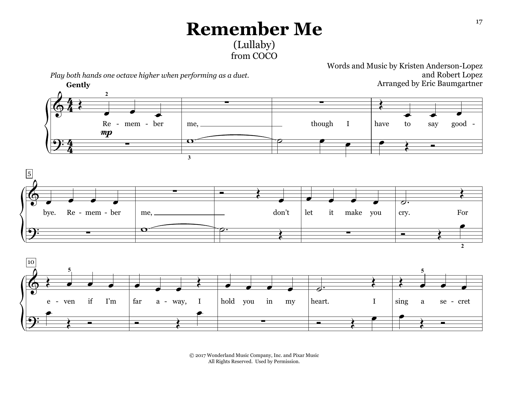 Kristen Anderson-Lopez & Robert Lopez Remember Me (Lullaby) (from Coco) (arr. Eric Baumgartner) Sheet Music Notes & Chords for Piano Duet - Download or Print PDF