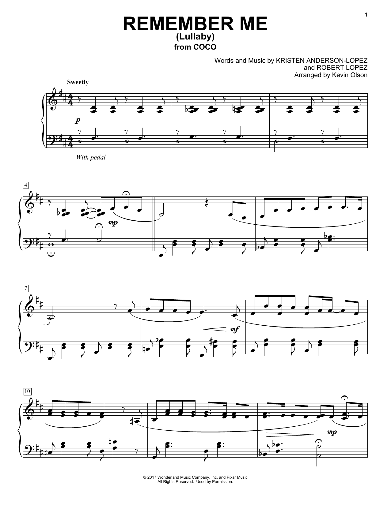 Kristen Anderson-Lopez & Robert Lopez Remember Me (Lullaby) (from Coco) (arr. Kevin Olson) Sheet Music Notes & Chords for Easy Piano Solo - Download or Print PDF