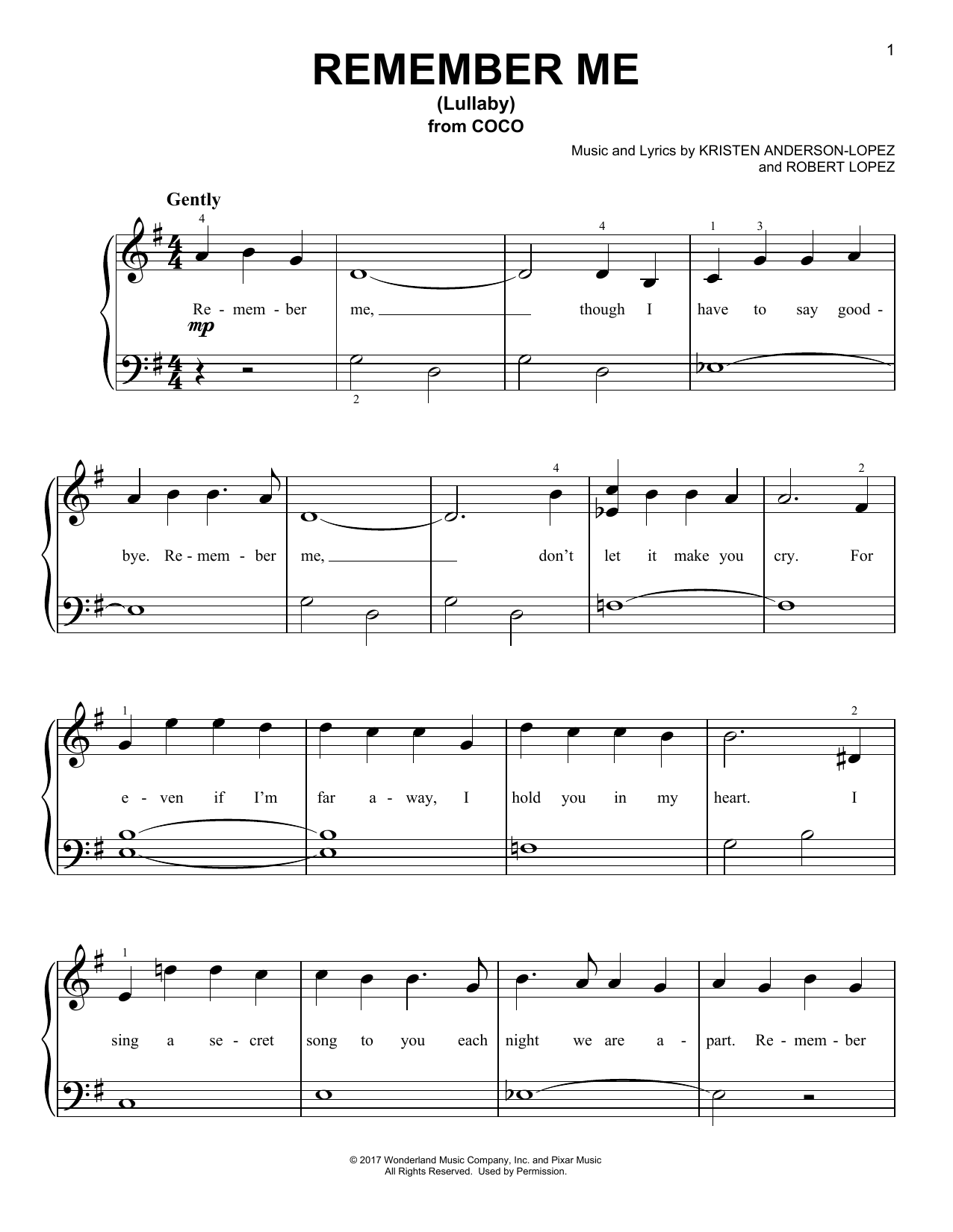 Kristen Anderson-Lopez & Robert Lopez Remember Me (Lullaby) (from Coco) Sheet Music Notes & Chords for Very Easy Piano - Download or Print PDF