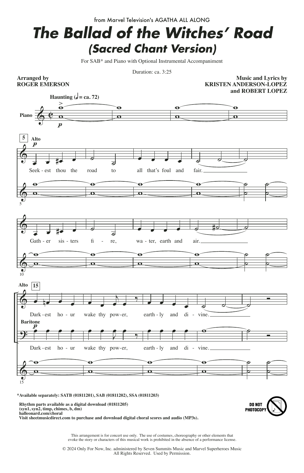 Kristen Anderson-Lopez & Robert Lopez The Ballad Of The Witches' Road (from Agatha All Along) (arr. Roger Emerson) Sheet Music Notes & Chords for SAB Choir - Download or Print PDF