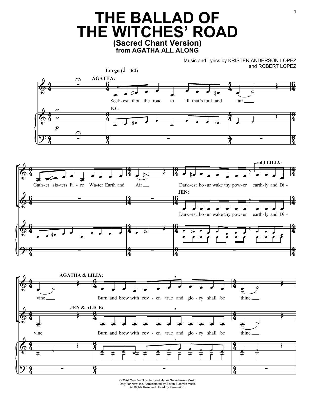 Kristen Anderson-Lopez & Robert Lopez The Ballad Of The Witches' Road (Sacred Chant Version) (from Agatha All Along) Sheet Music Notes & Chords for Piano & Vocal - Download or Print PDF