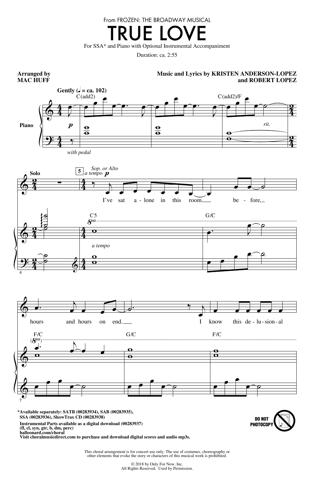 Kristen Anderson-Lopez & Robert Lopez True Love (from Frozen: the Broadway Musical) (Arr. Mac Huff) Sheet Music Notes & Chords for SATB Choir - Download or Print PDF