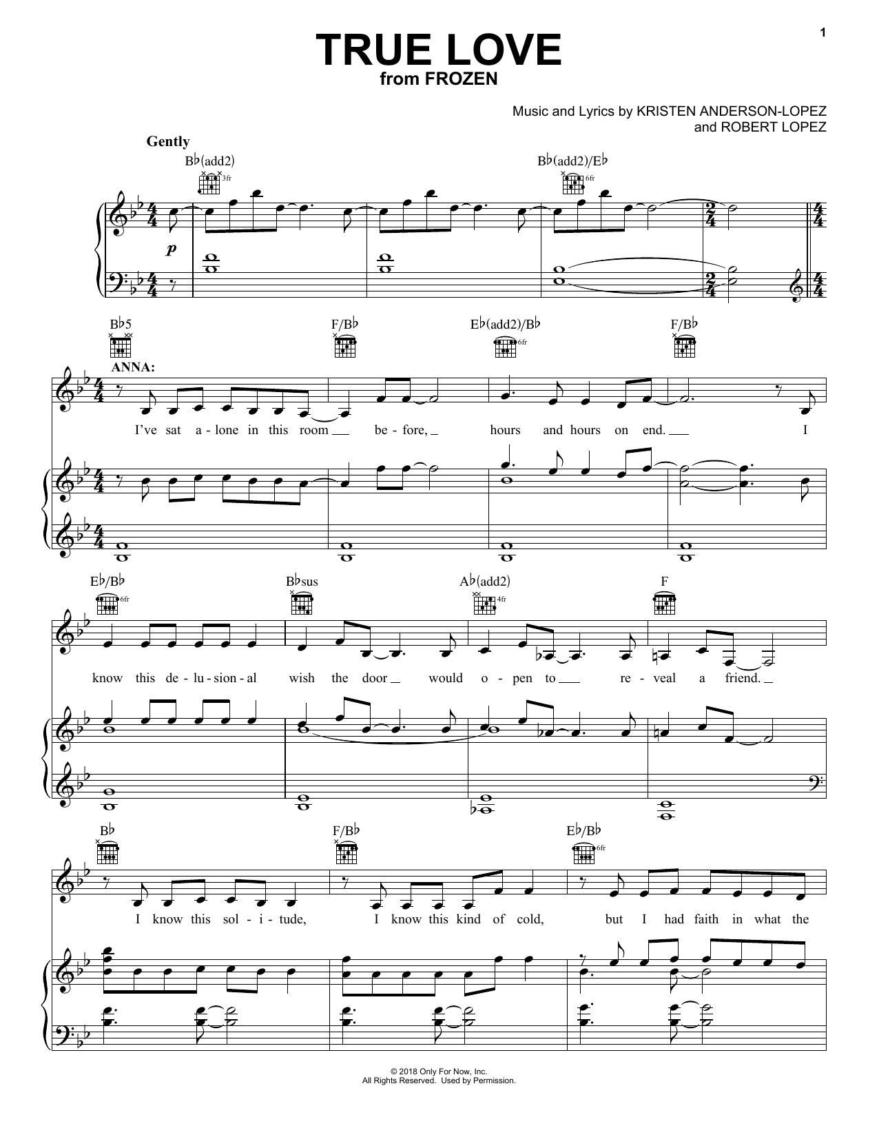 Kristen Anderson-Lopez & Robert Lopez True Love (from Frozen: The Broadway Musical) Sheet Music Notes & Chords for Piano, Vocal & Guitar (Right-Hand Melody) - Download or Print PDF