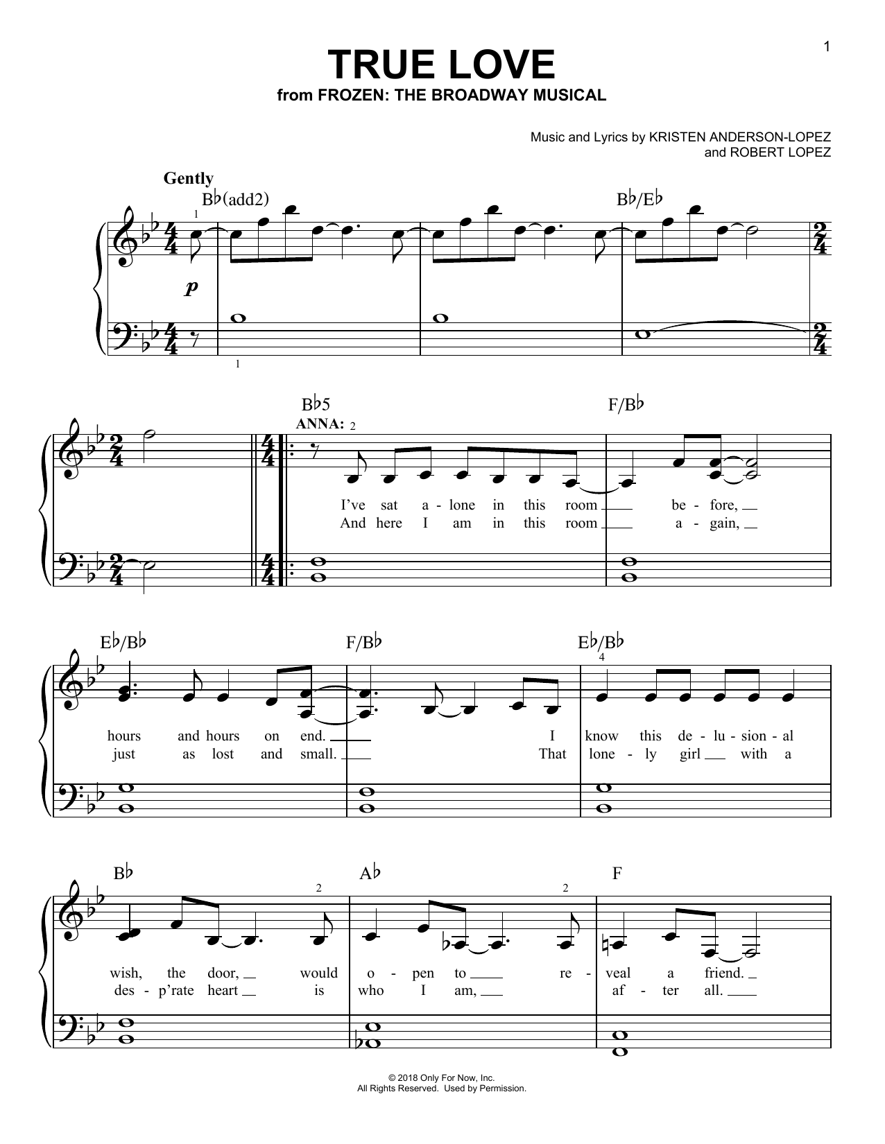 Kristen Anderson-Lopez & Robert Lopez True Love (from Frozen: The Broadway Musical) Sheet Music Notes & Chords for Piano, Vocal & Guitar (Right-Hand Melody) - Download or Print PDF
