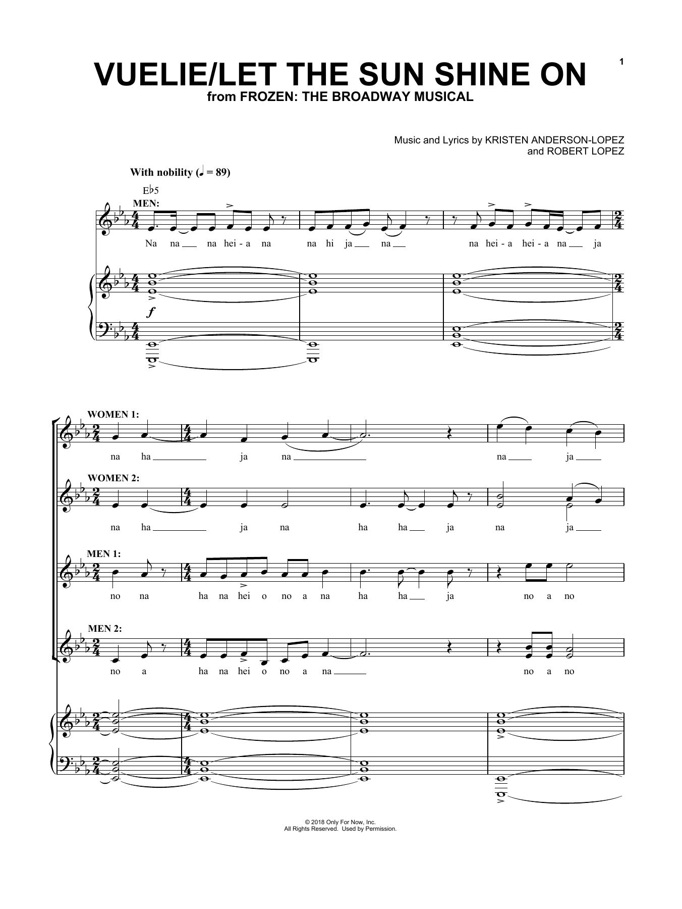 Kristen Anderson-Lopez & Robert Lopez Vuelie / Let The Sun Shine On Sheet Music Notes & Chords for Piano & Vocal - Download or Print PDF