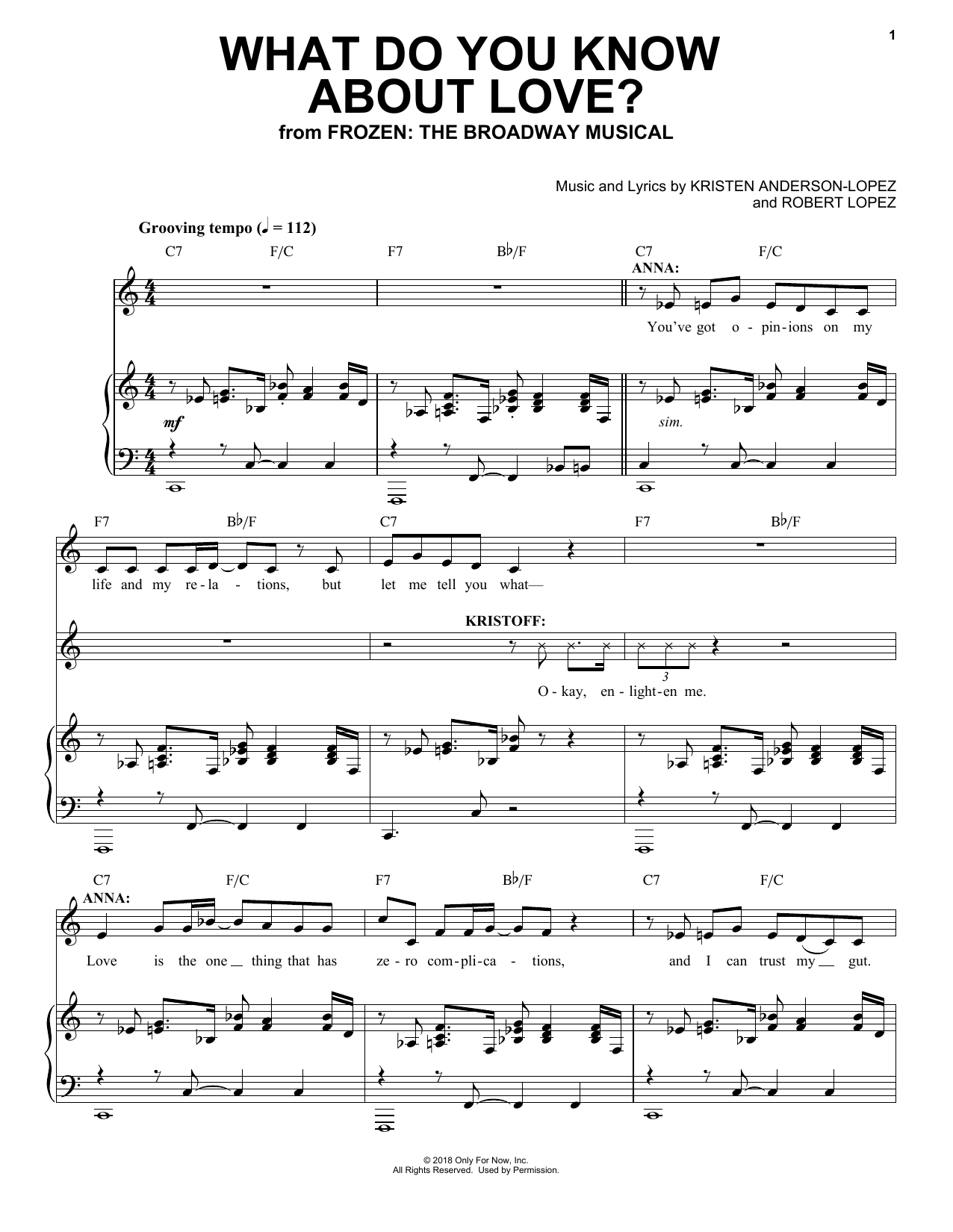 Kristen Anderson-Lopez & Robert Lopez What Do You Know About Love? (from Frozen: the Broadway Musical) Sheet Music Notes & Chords for Piano, Vocal & Guitar (Right-Hand Melody) - Download or Print PDF