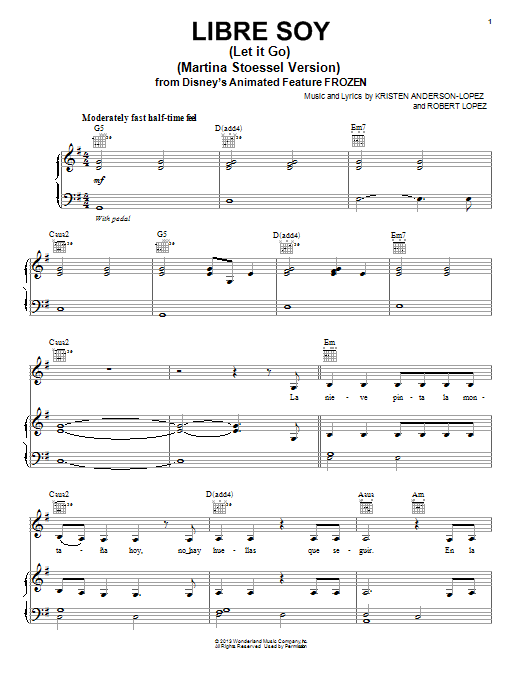 Kristen Anderson-Lopez Libre Soy (Martina Stoessel Version) Sheet Music Notes & Chords for Piano, Vocal & Guitar (Right-Hand Melody) - Download or Print PDF