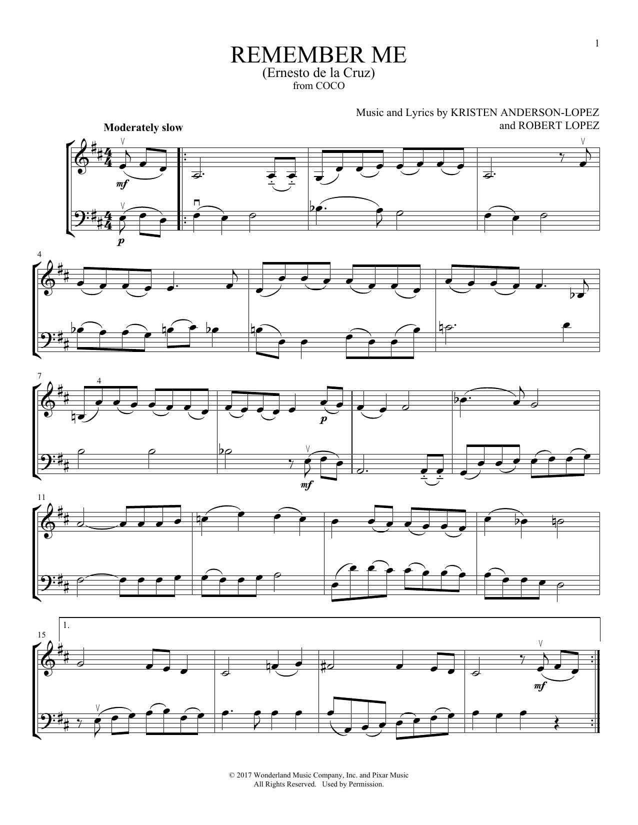 Kristen Anderson-Lopez Remember Me (Ernesto de la Cruz) (from Coco) (arr. Michelle Hynson) Sheet Music Notes & Chords for Instrumental Duet - Download or Print PDF