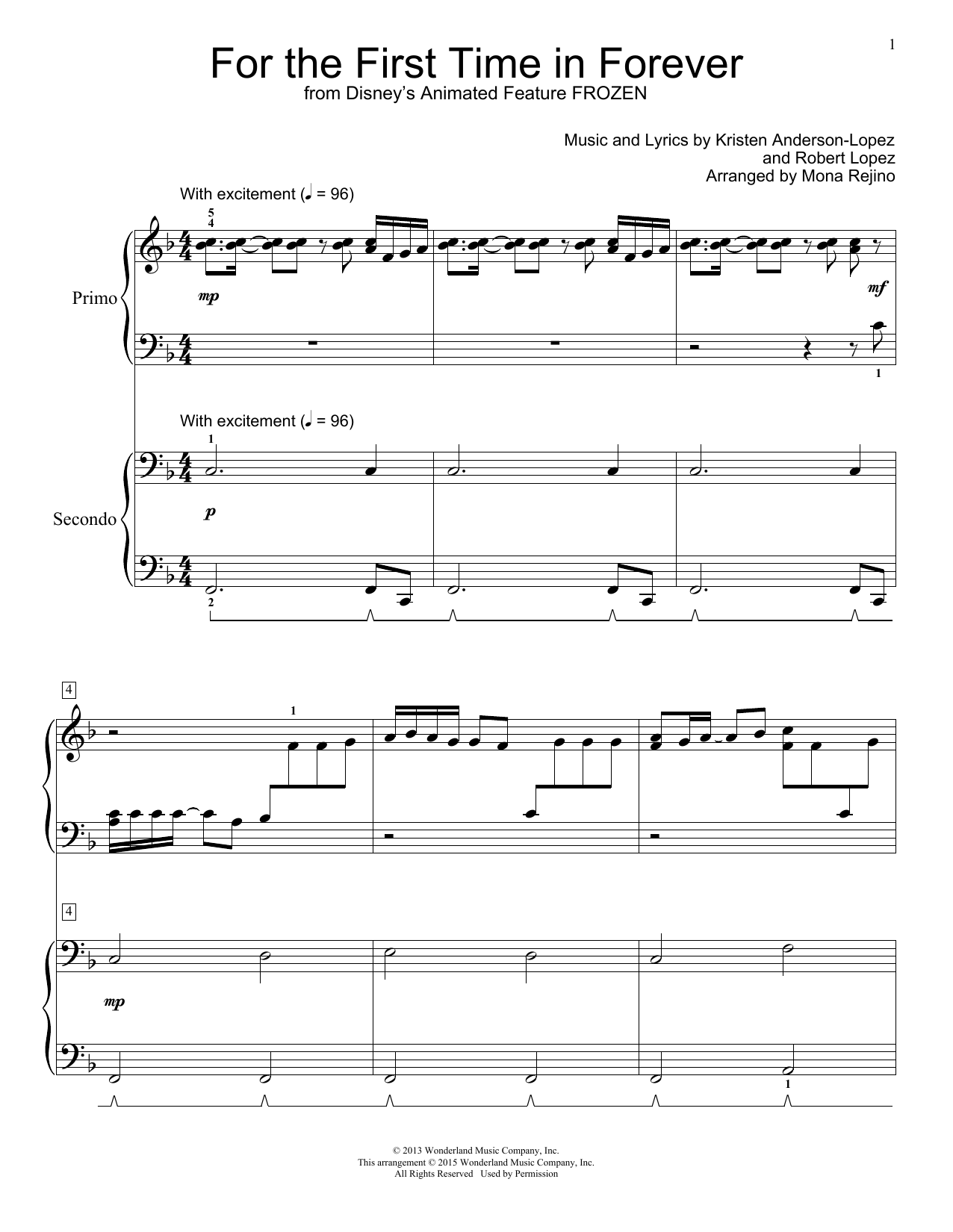 Kristen Bell & Idina Menzel For The First Time In Forever (from Disney's Frozen) (arr. Mona Rejino) Sheet Music Notes & Chords for Piano Duet - Download or Print PDF